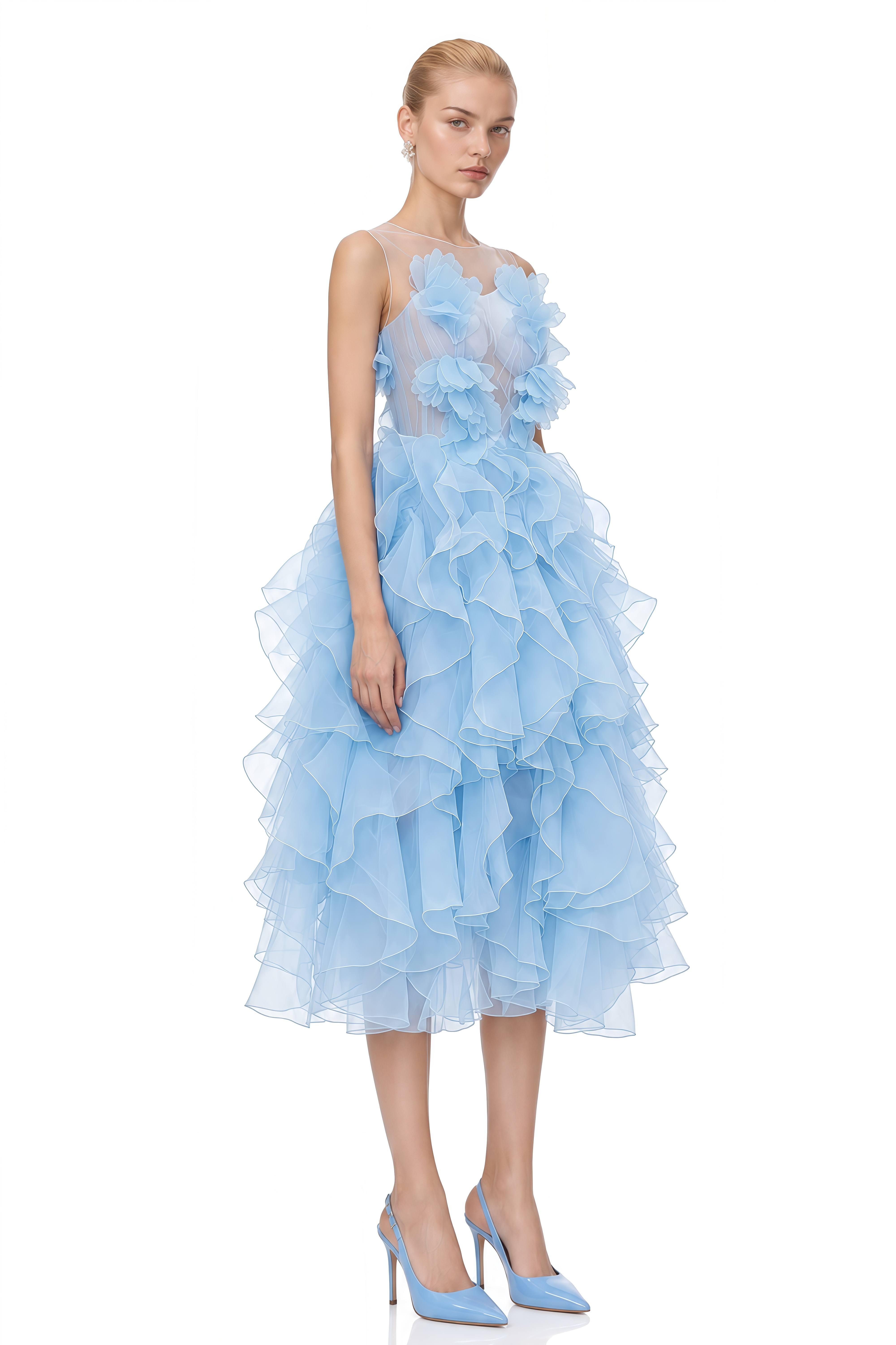 Manon Blue Sleeveless Floral Appliqué Midi Dress
