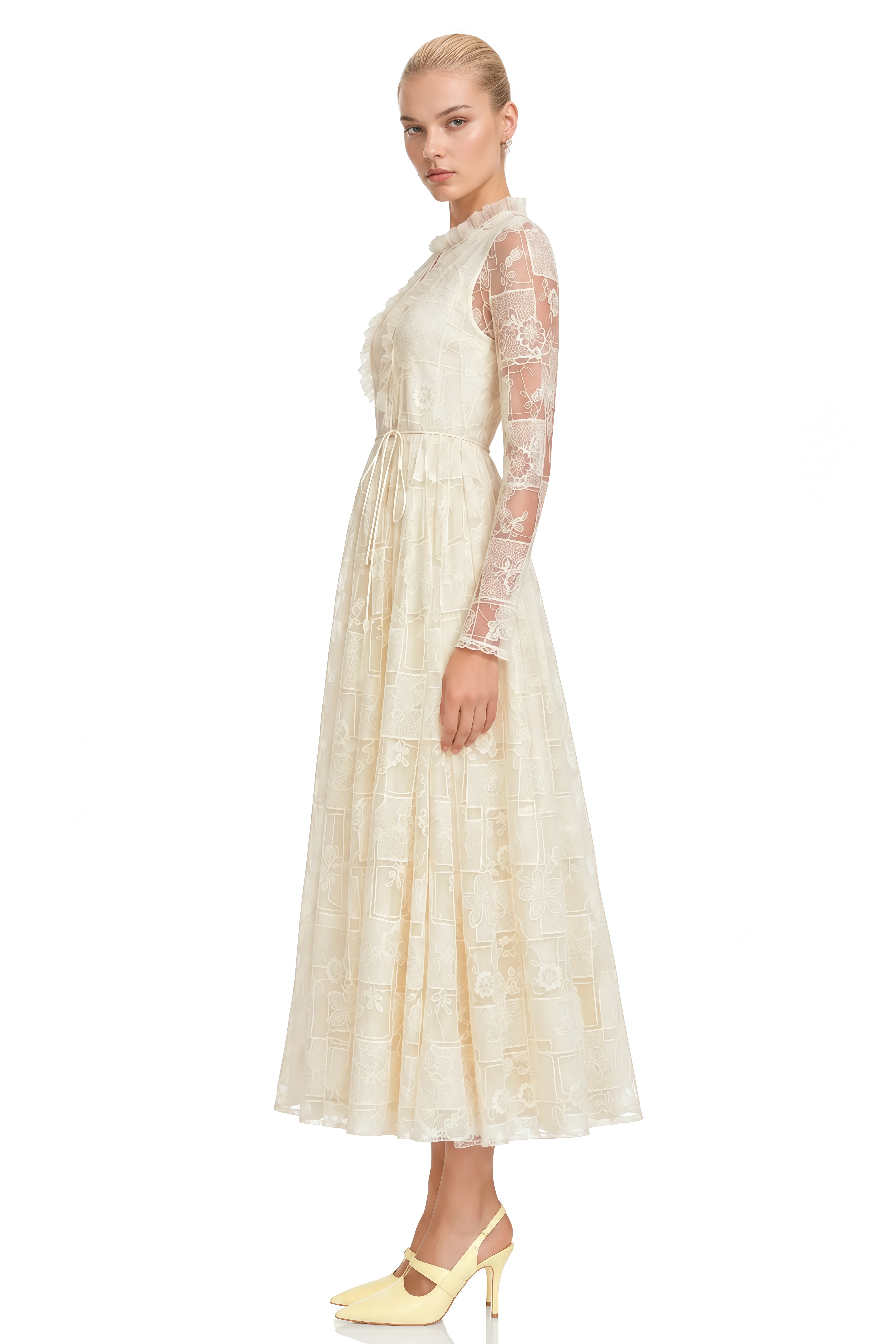Clover Neutral Turtleneck Lace Maxi Dress