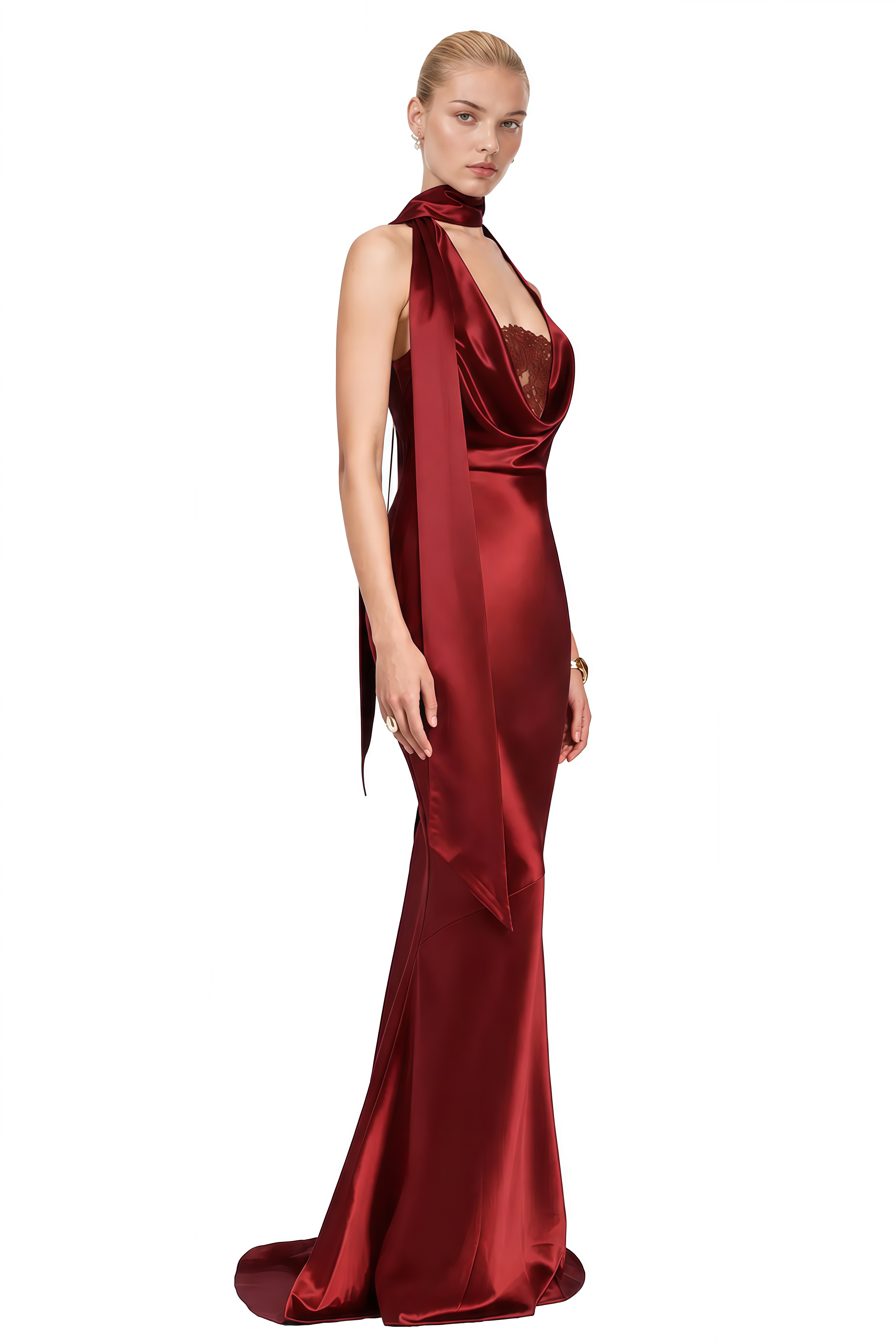 Emmeline Burgundy Halterneck Lace Maxi Dress