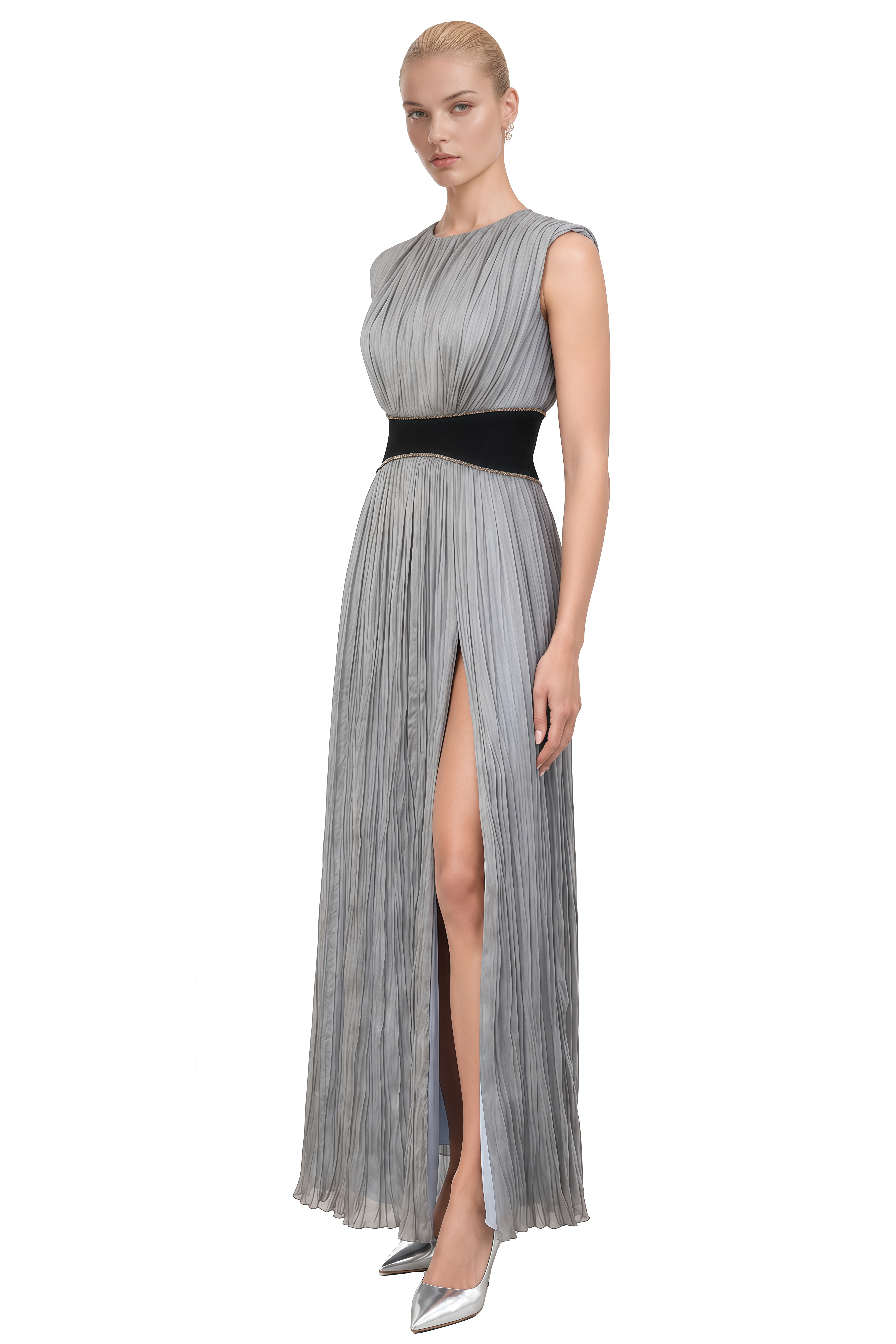 Luna Silver Grey Round Neck Pleated Maxi Dress