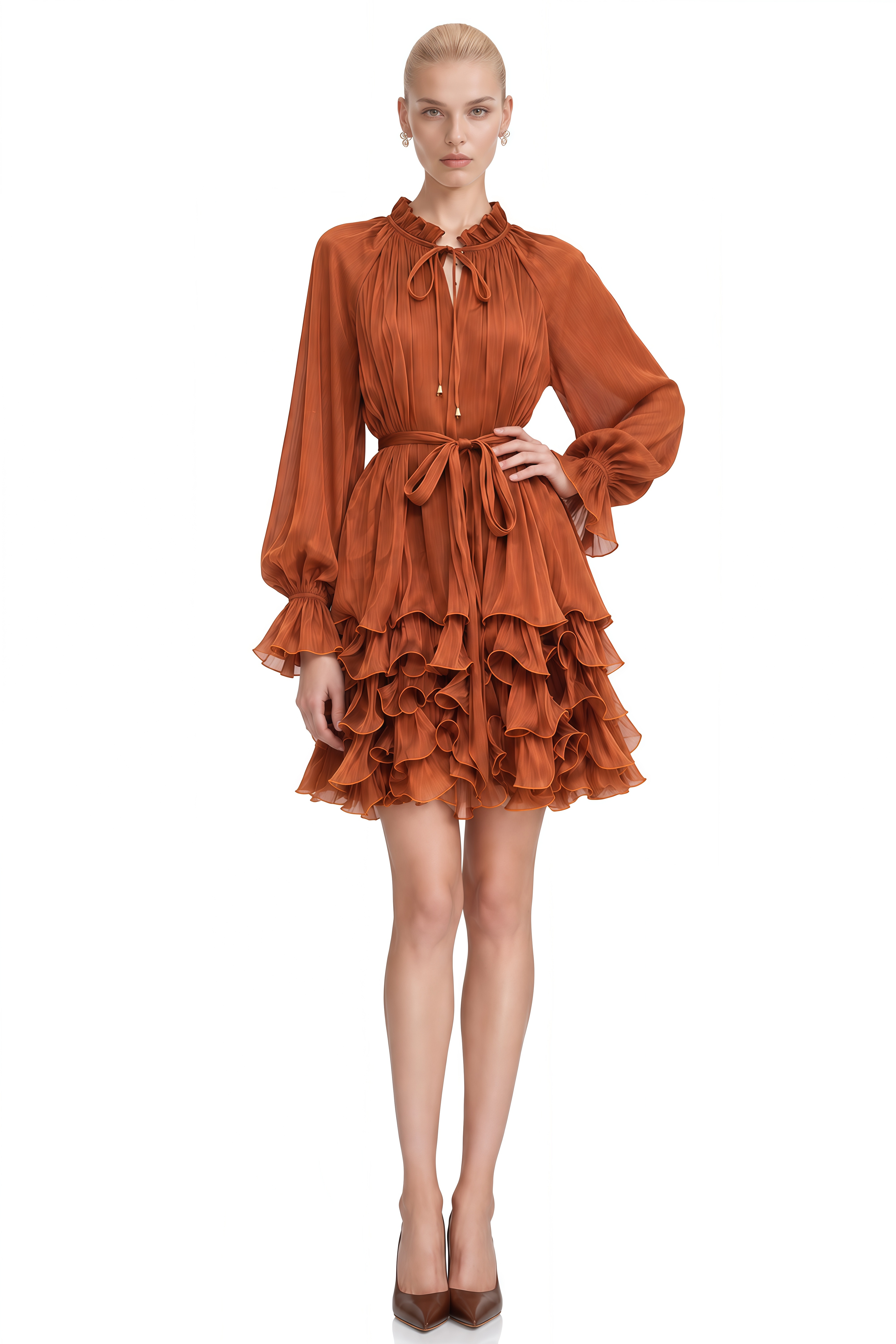 Juno Burnt Orange Layered Ruffled Mini Dress