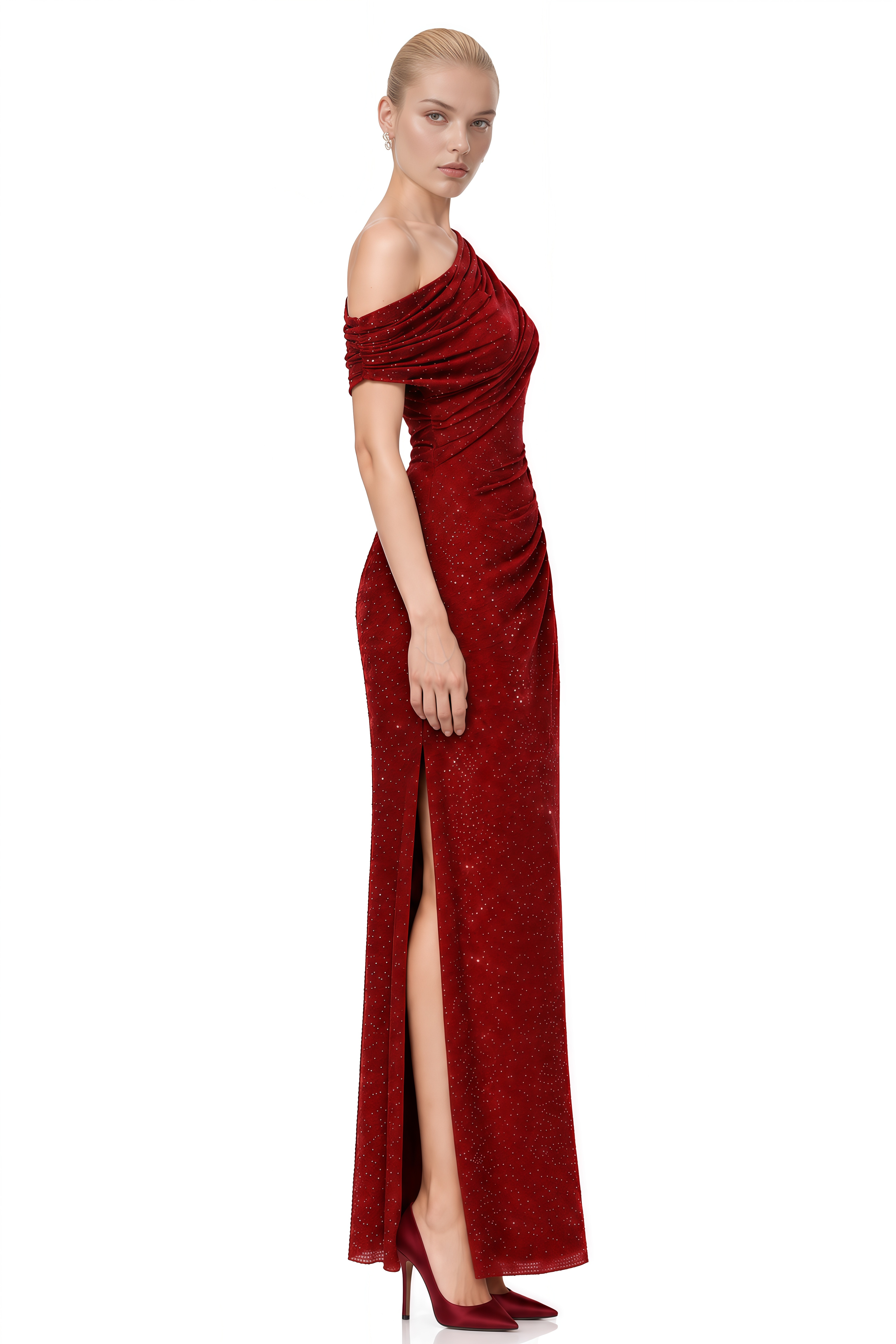 Theodore Burgundy One-Shoulder Sequin Maxi Dress