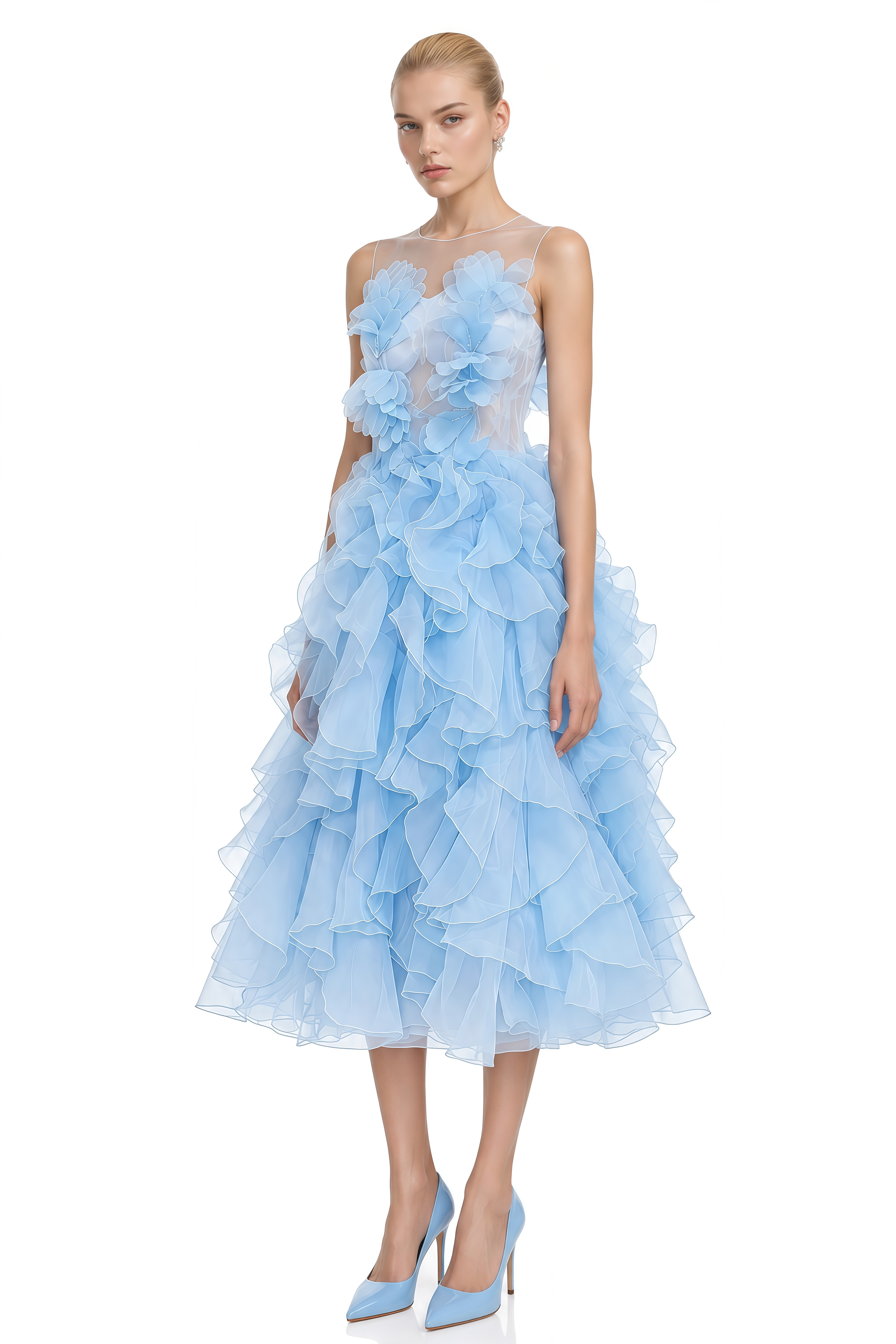 Manon Blue Sleeveless Floral Appliqué Midi Dress