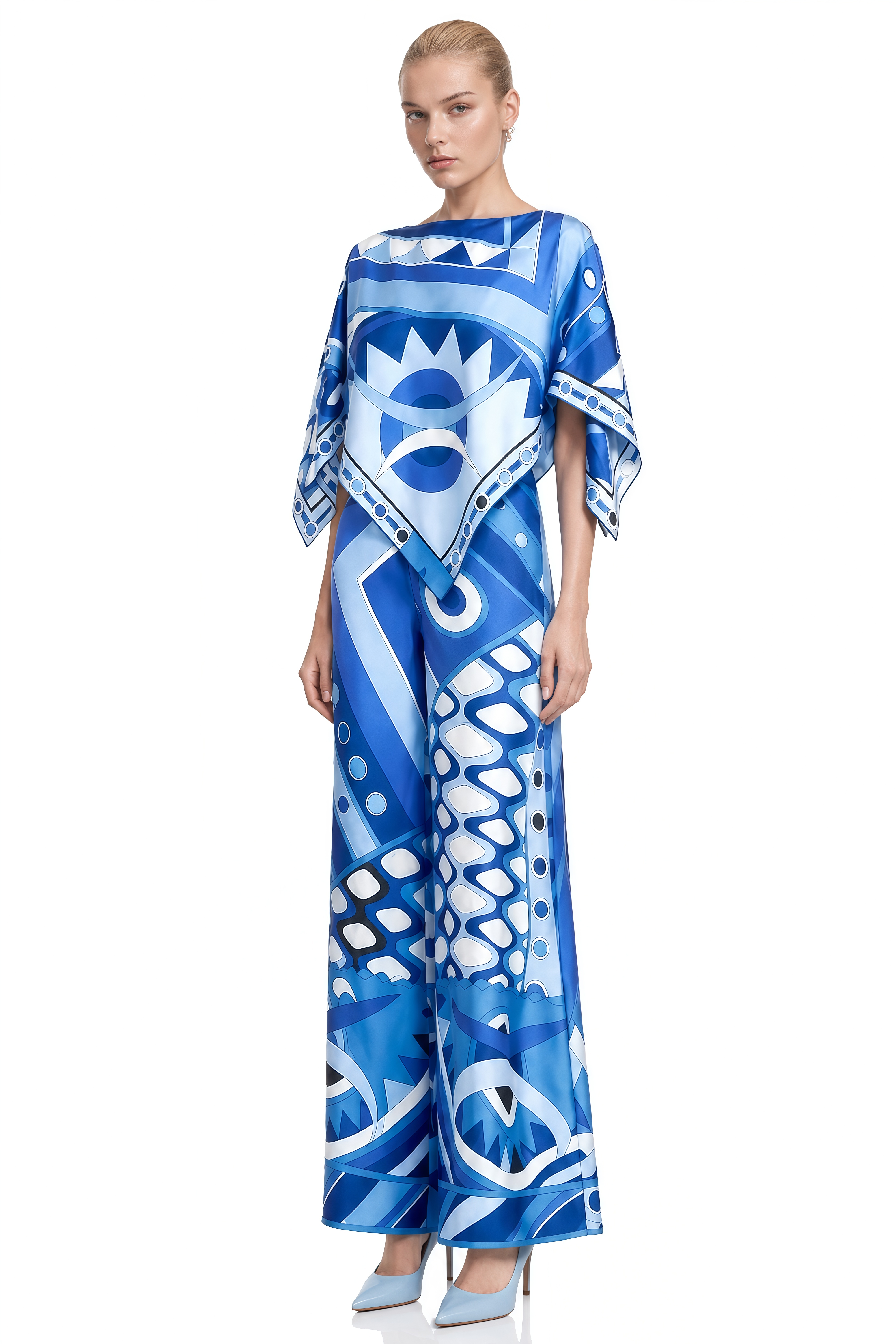 Thalia Blue Round Neck Abstract Print Top & Trousers Set