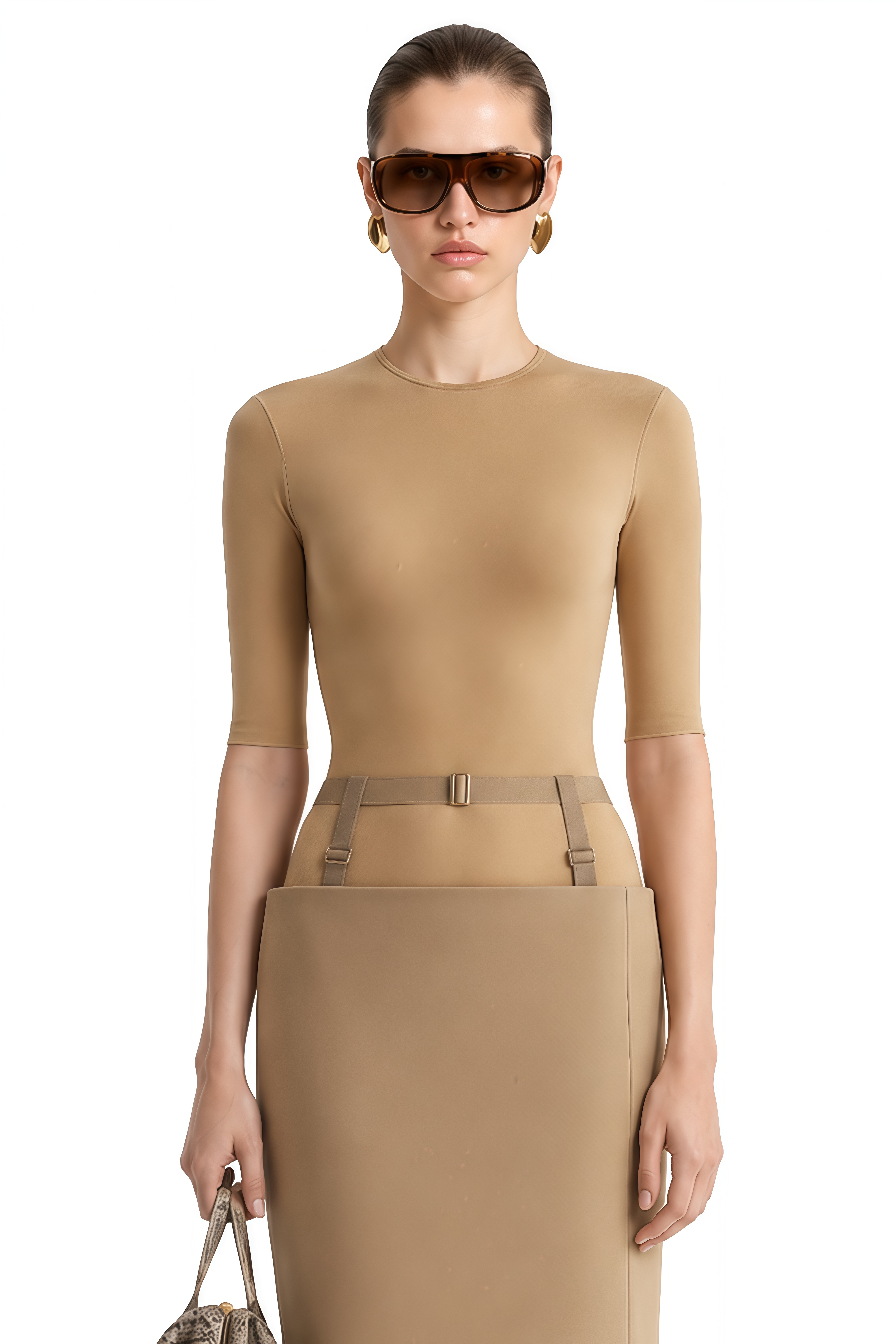 Cordelia Beige Round Neck Slit Top & Skirt Set