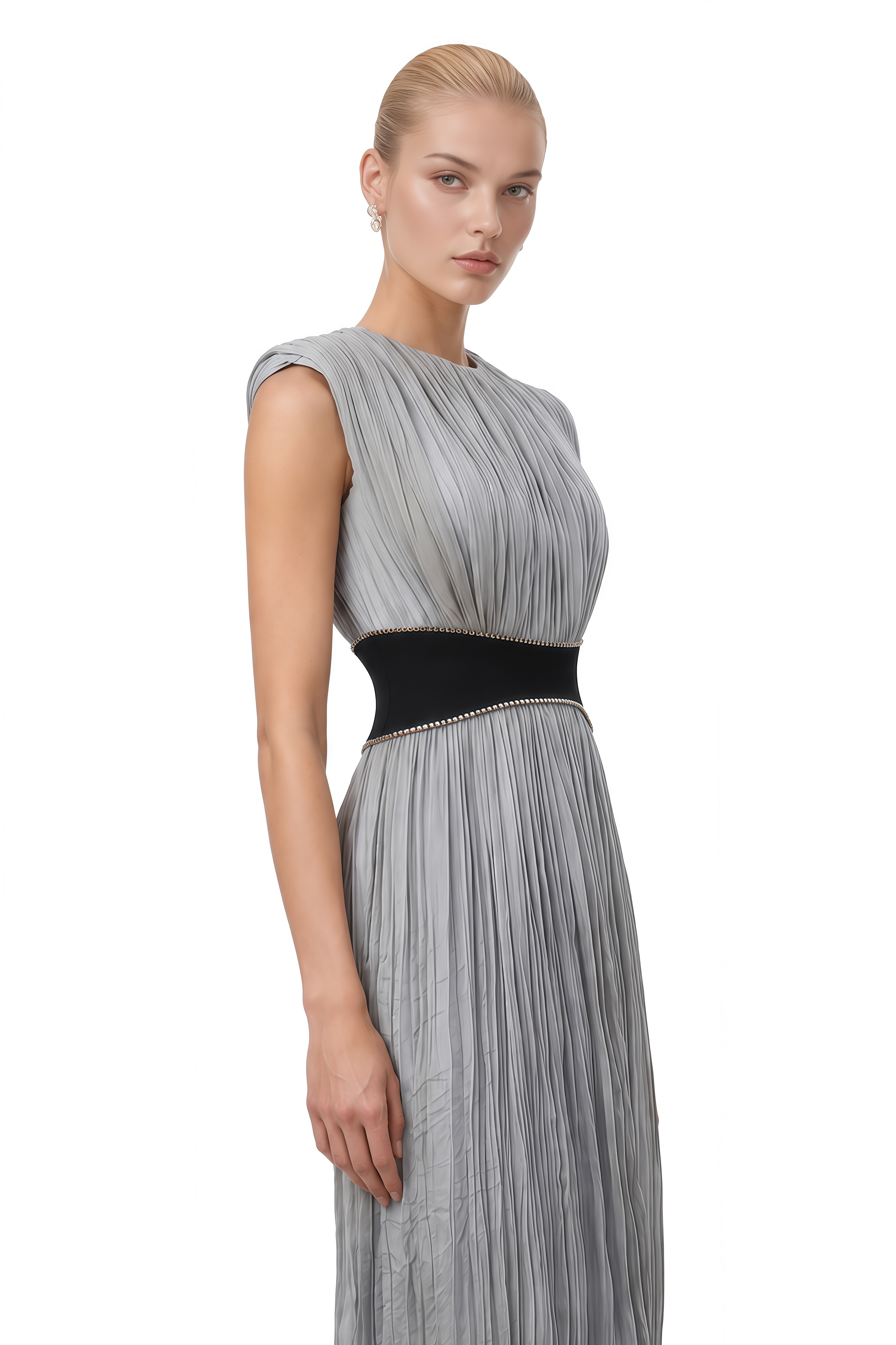 Luna Silver Grey Round Neck Pleated Maxi Dress