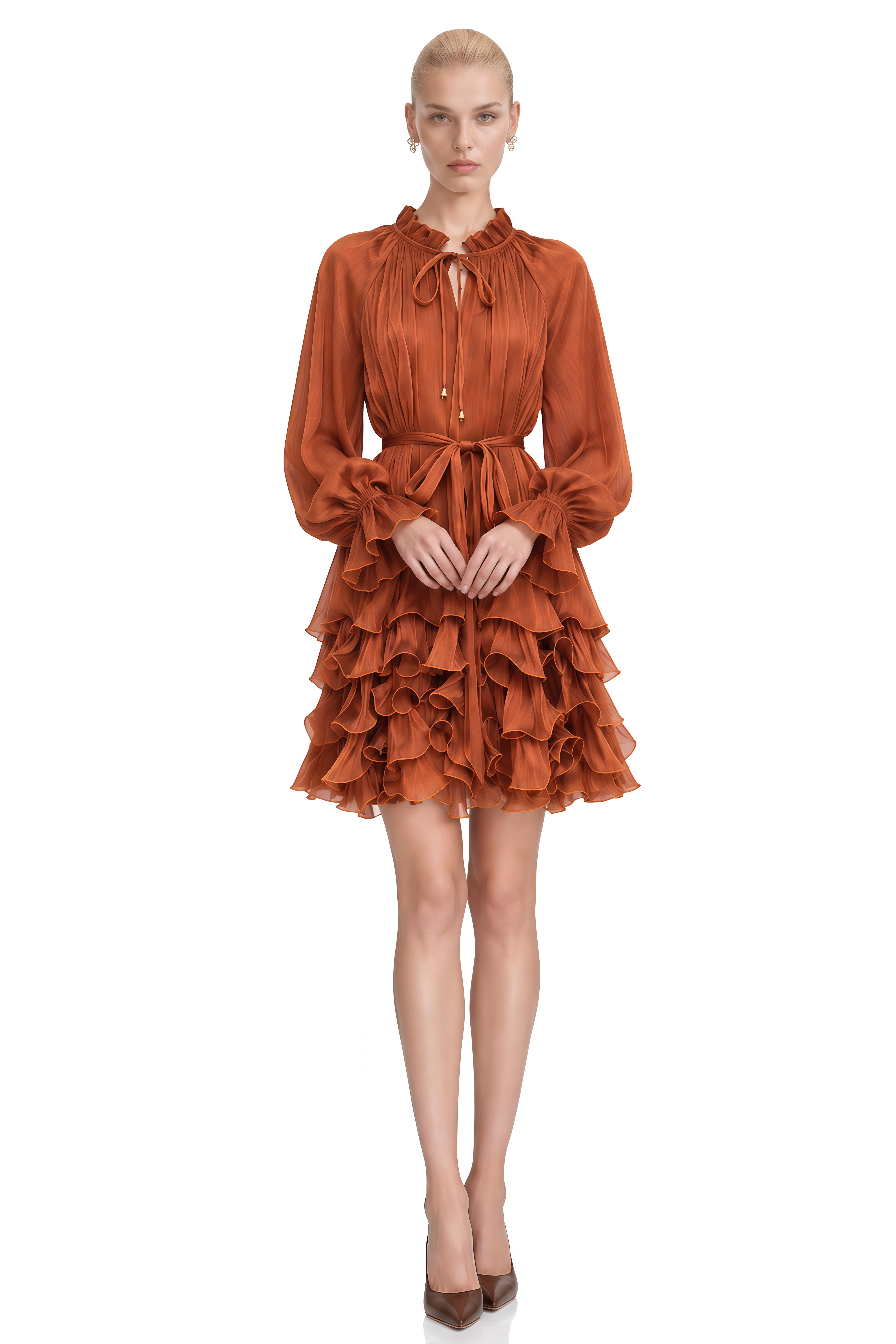 Juno Burnt Orange Layered Ruffled Mini Dress