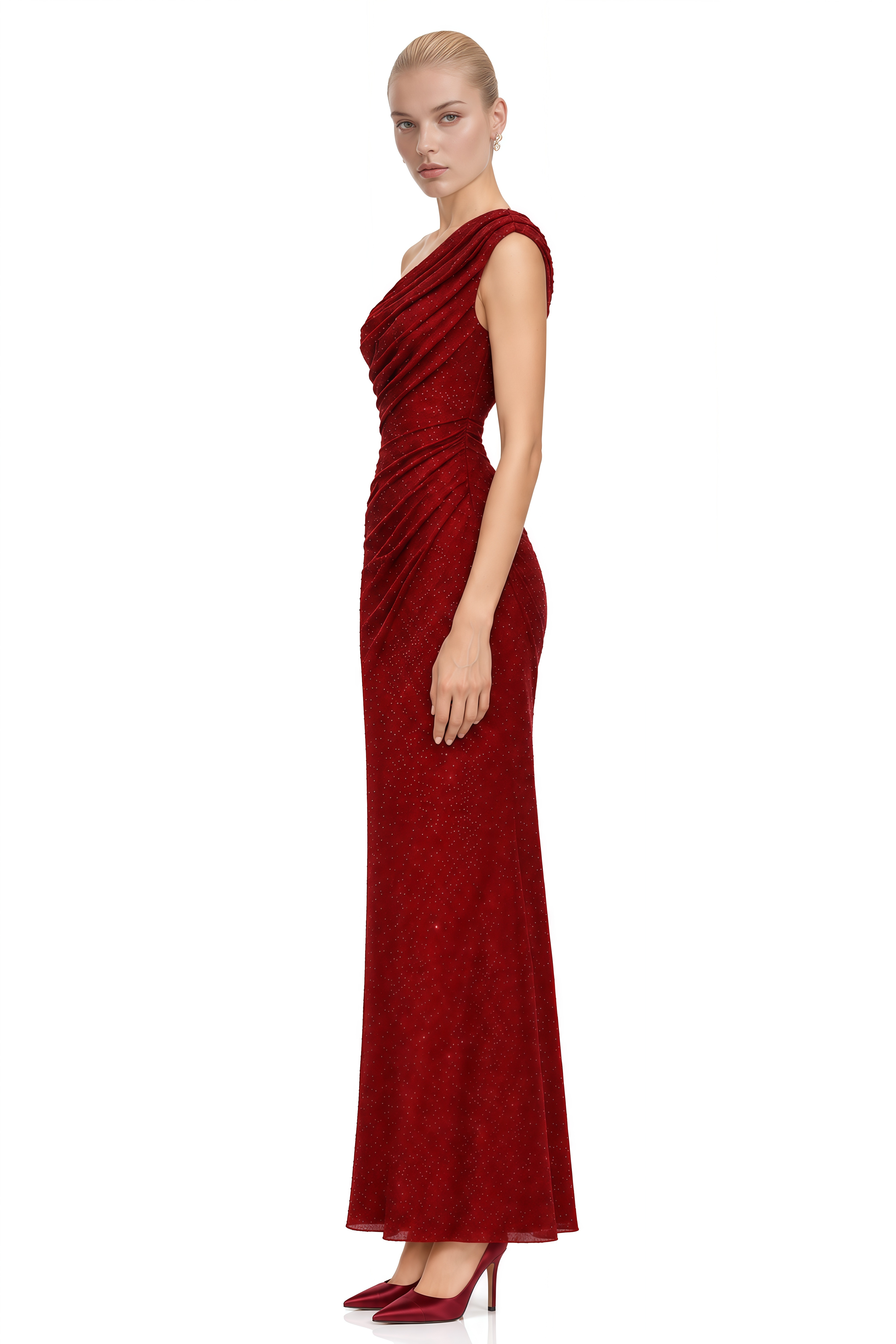 Theodore Burgundy One-Shoulder Sequin Maxi Dress