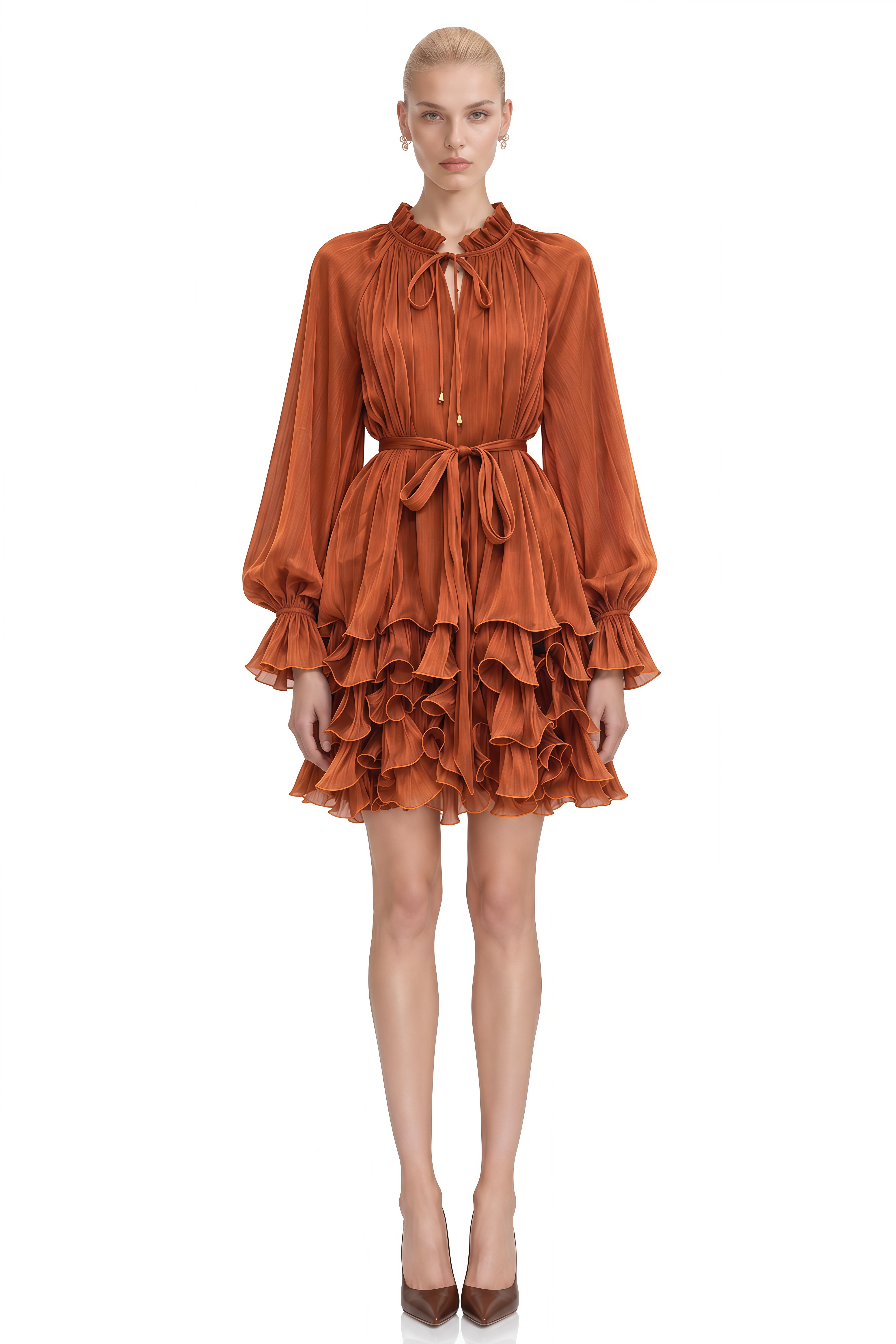 Juno Burnt Orange Layered Ruffled Mini Dress
