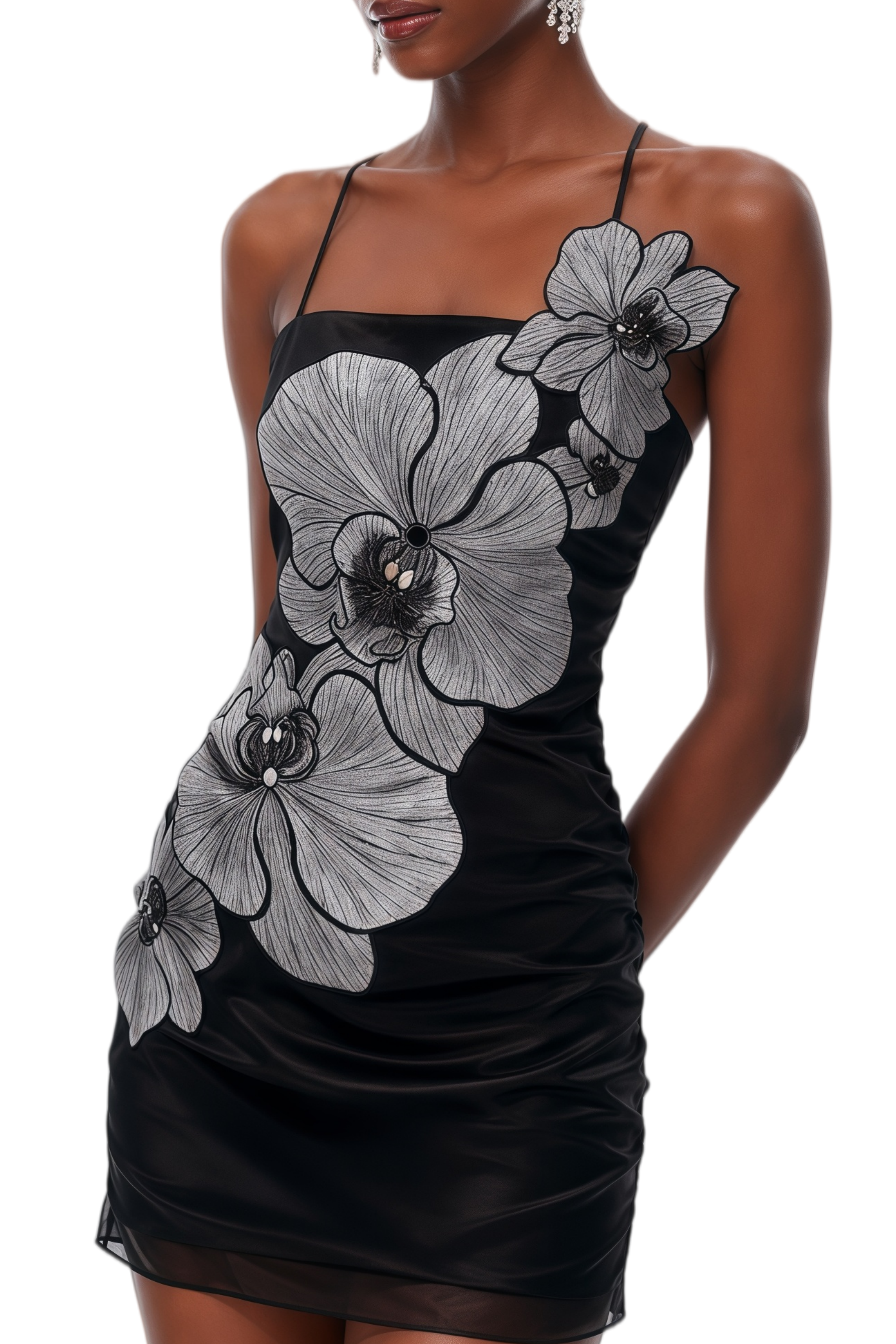 Vesper Black Asymmetrical Floral appliqué Mini Dress