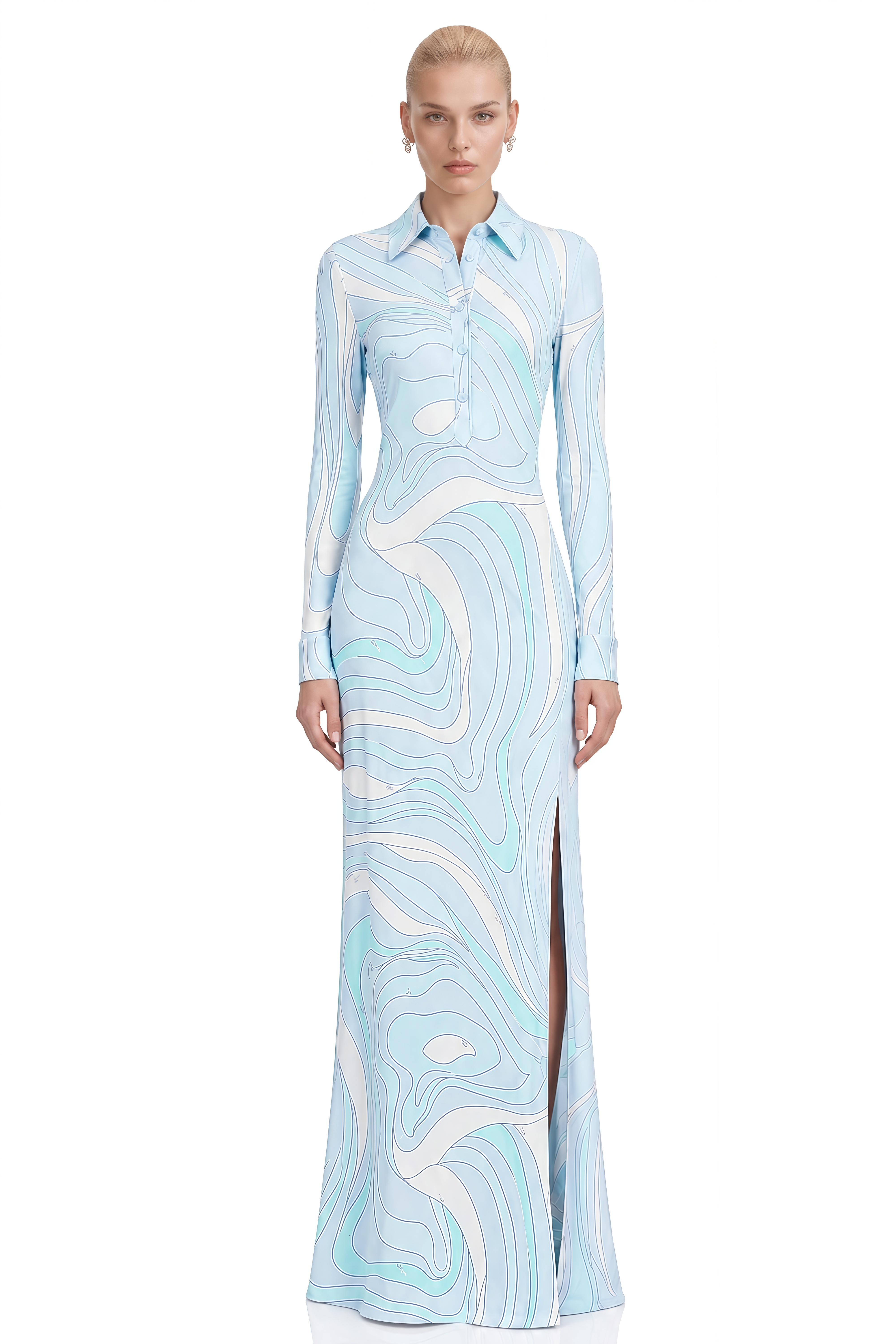 Linnea Light Blue Abstract Print Slit Maxi Dress