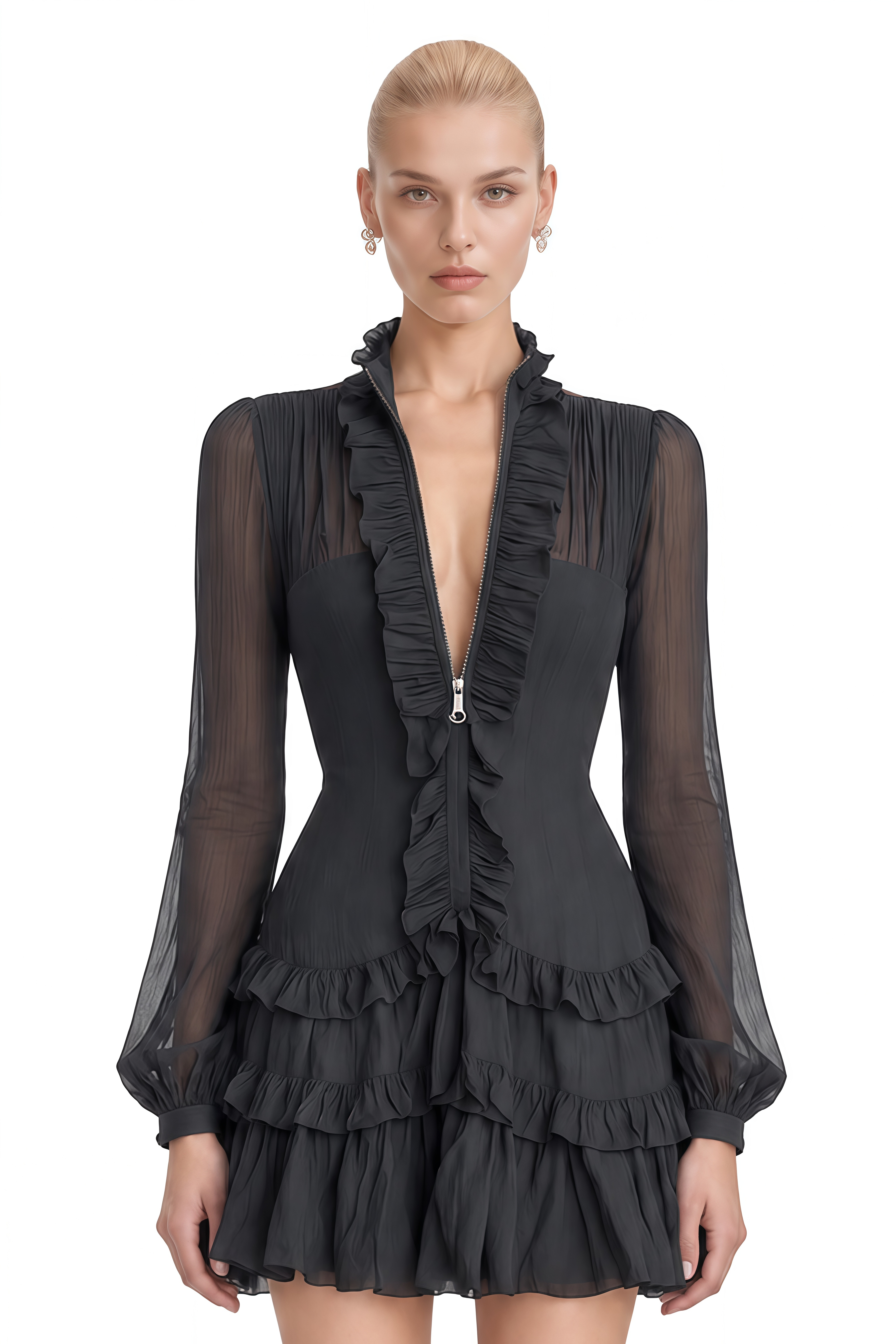 Lyra Black Ruffled Long Sleeves Mini Dress