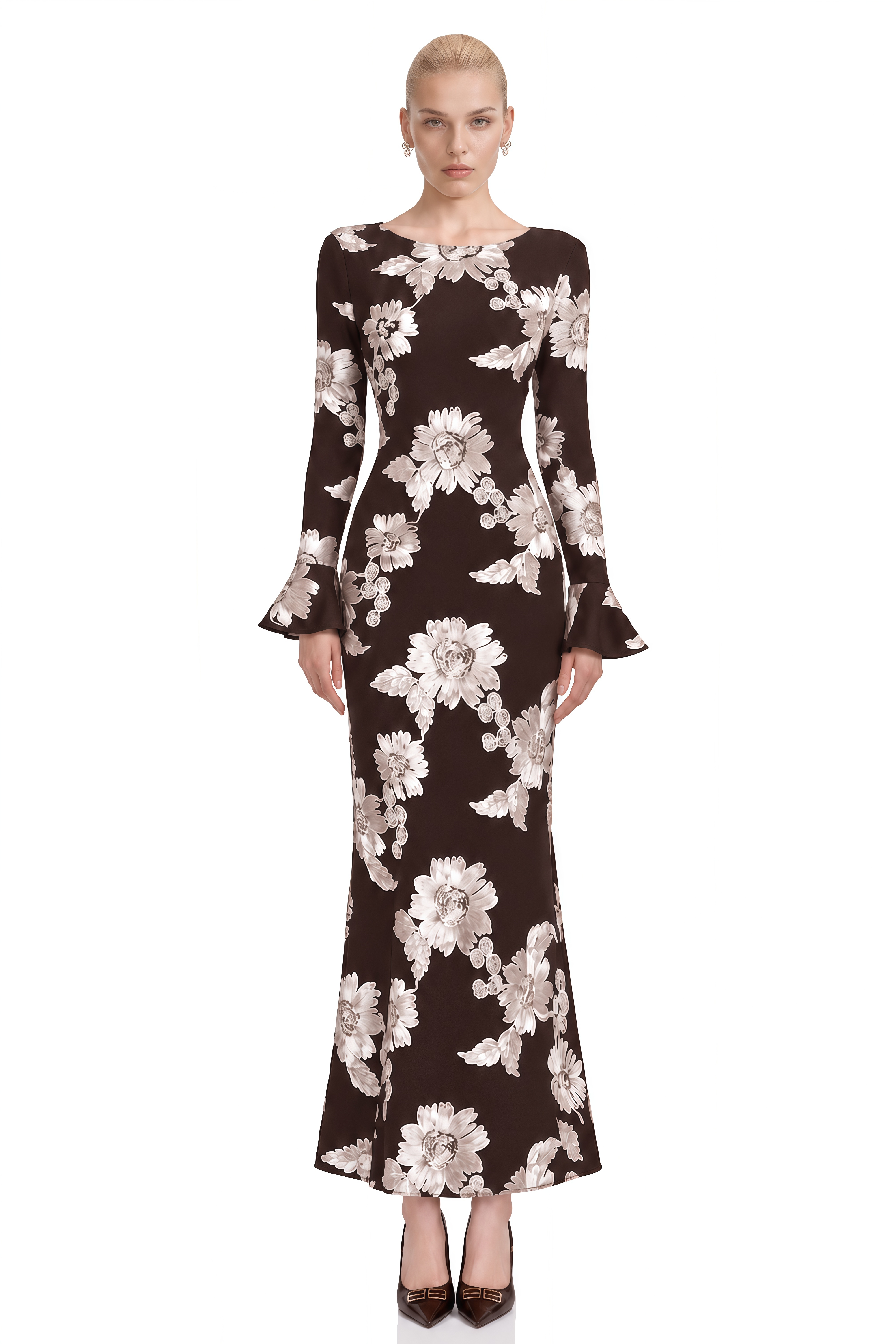 Nerissa Brown Round Neck Floral Maxi Dress