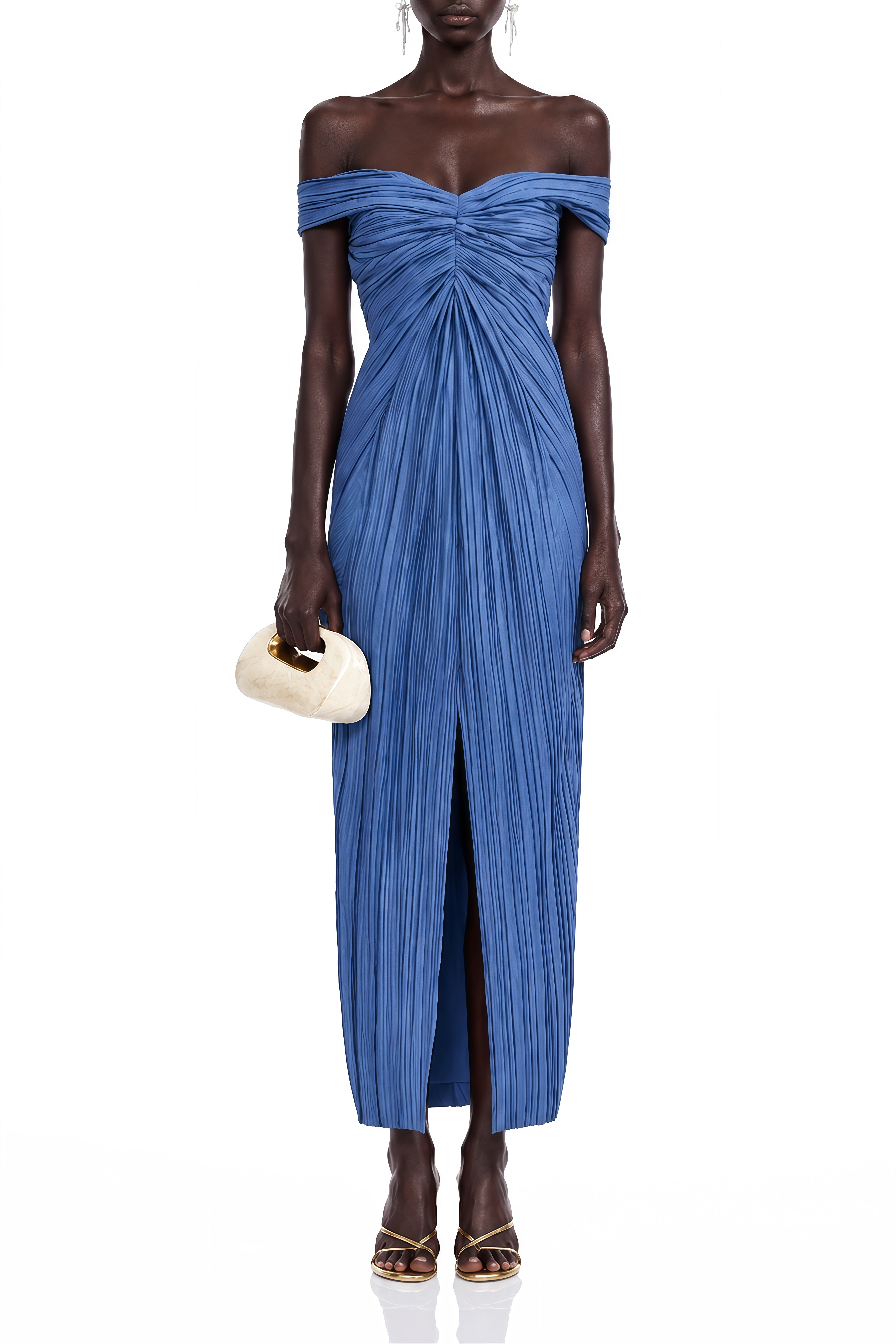 Lavinia Blue Off Shoulder Ruched Maxi Dress