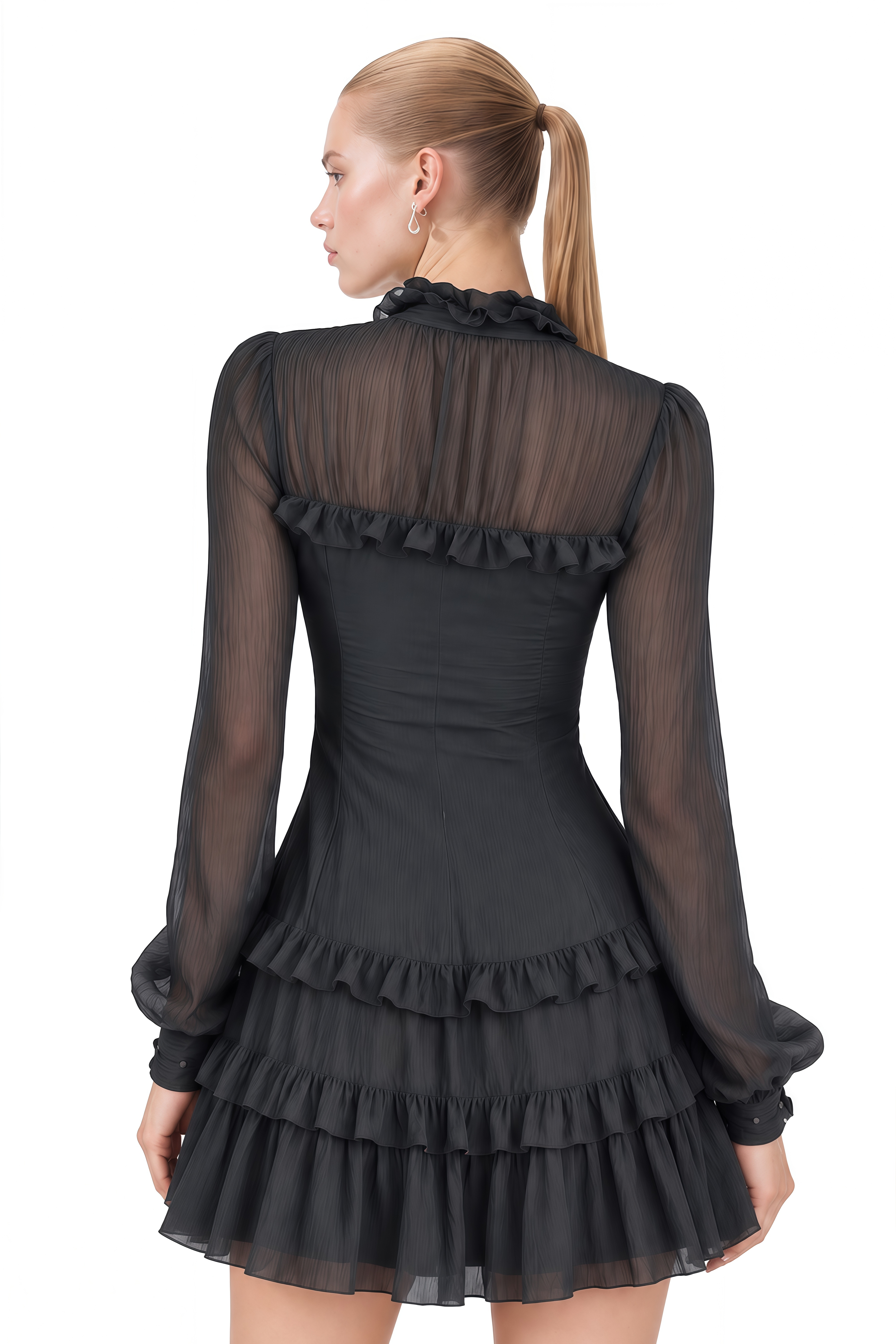 Lyra Black Ruffled Long Sleeves Mini Dress