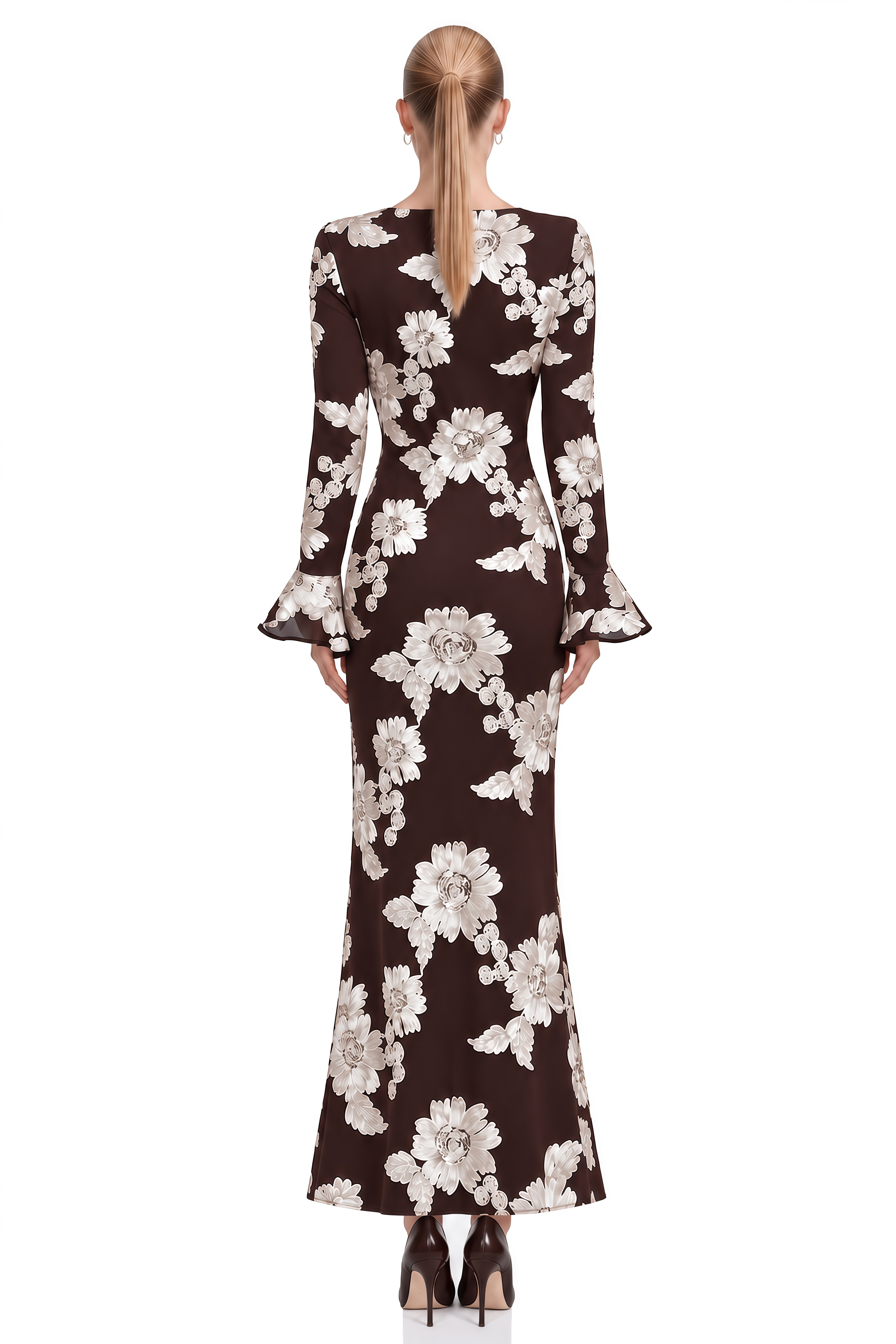 Nerissa Brown Round Neck Floral Maxi Dress