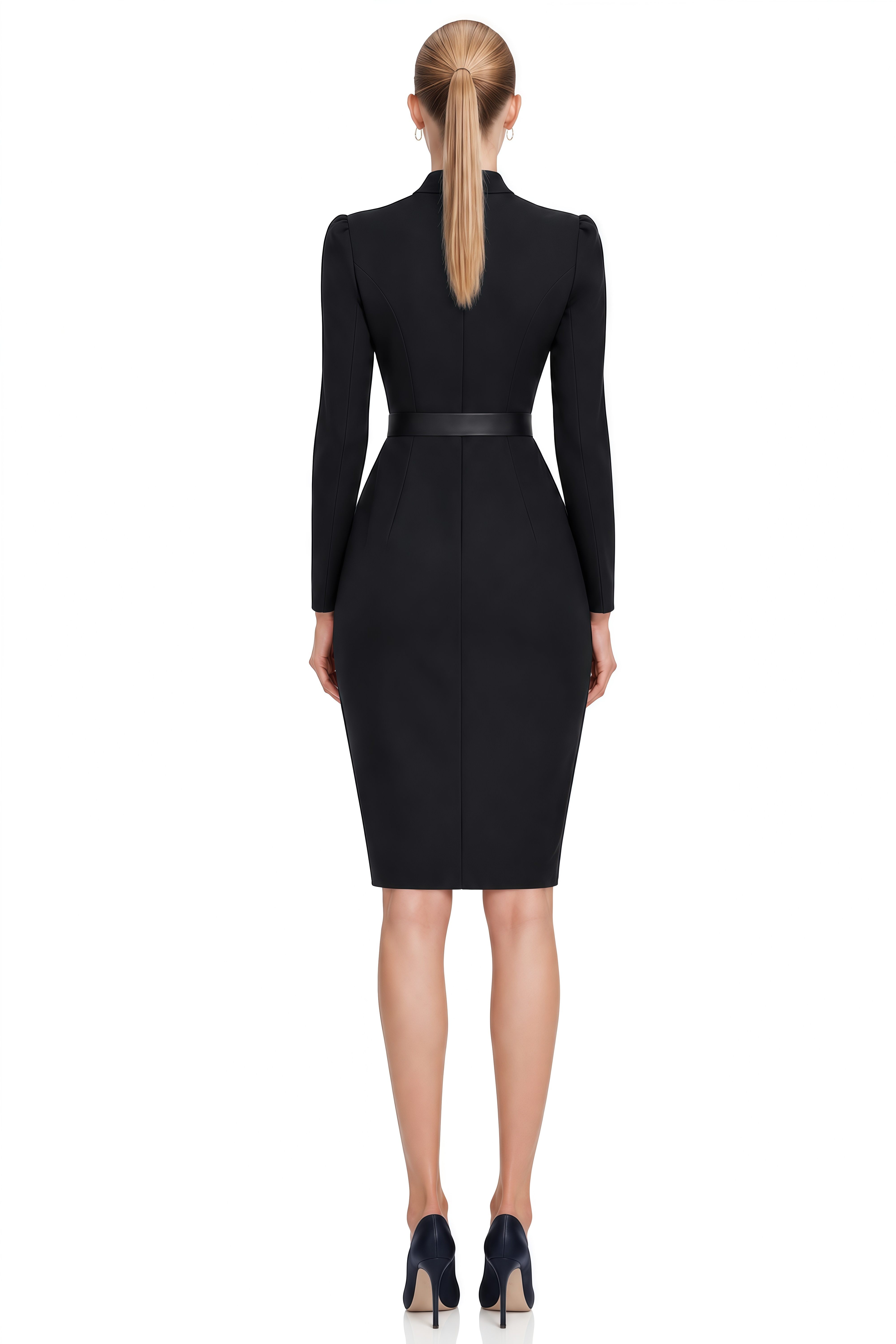 Alexander Black Long Sleeves Belted Midi Dress