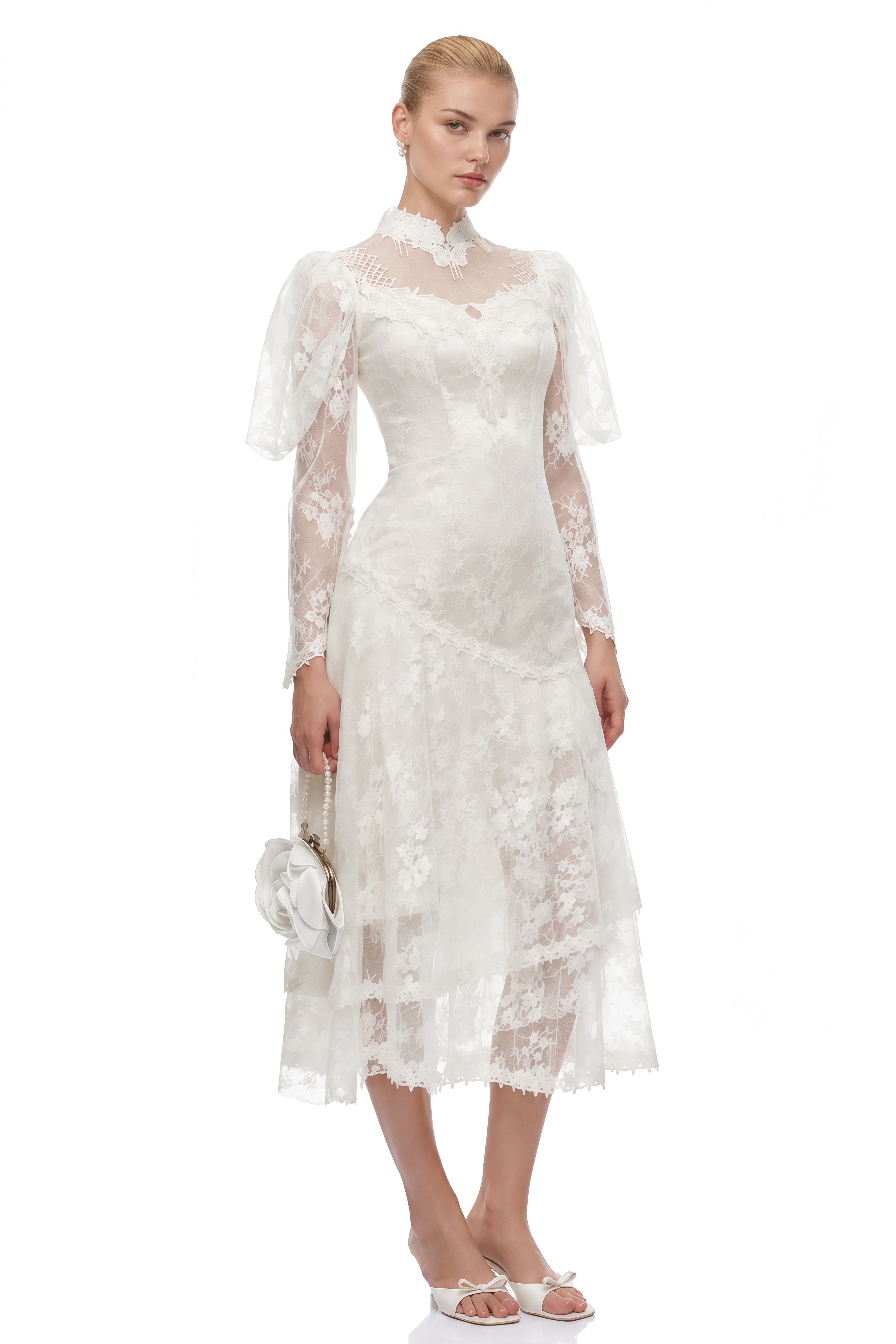 Cordelia Ivory Asymmetrical Layered Lace Midi Dress