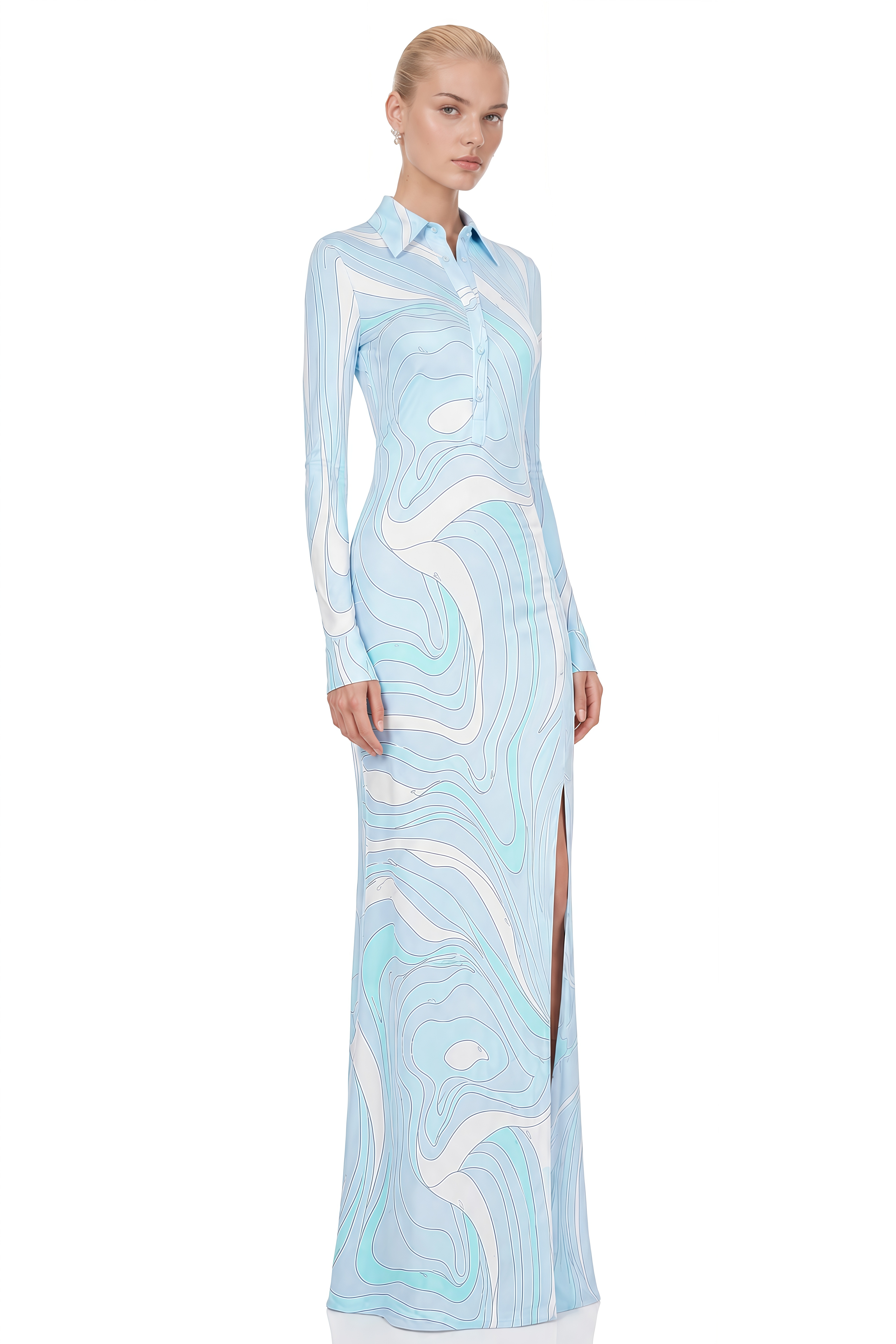 Linnea Light Blue Abstract Print Slit Maxi Dress