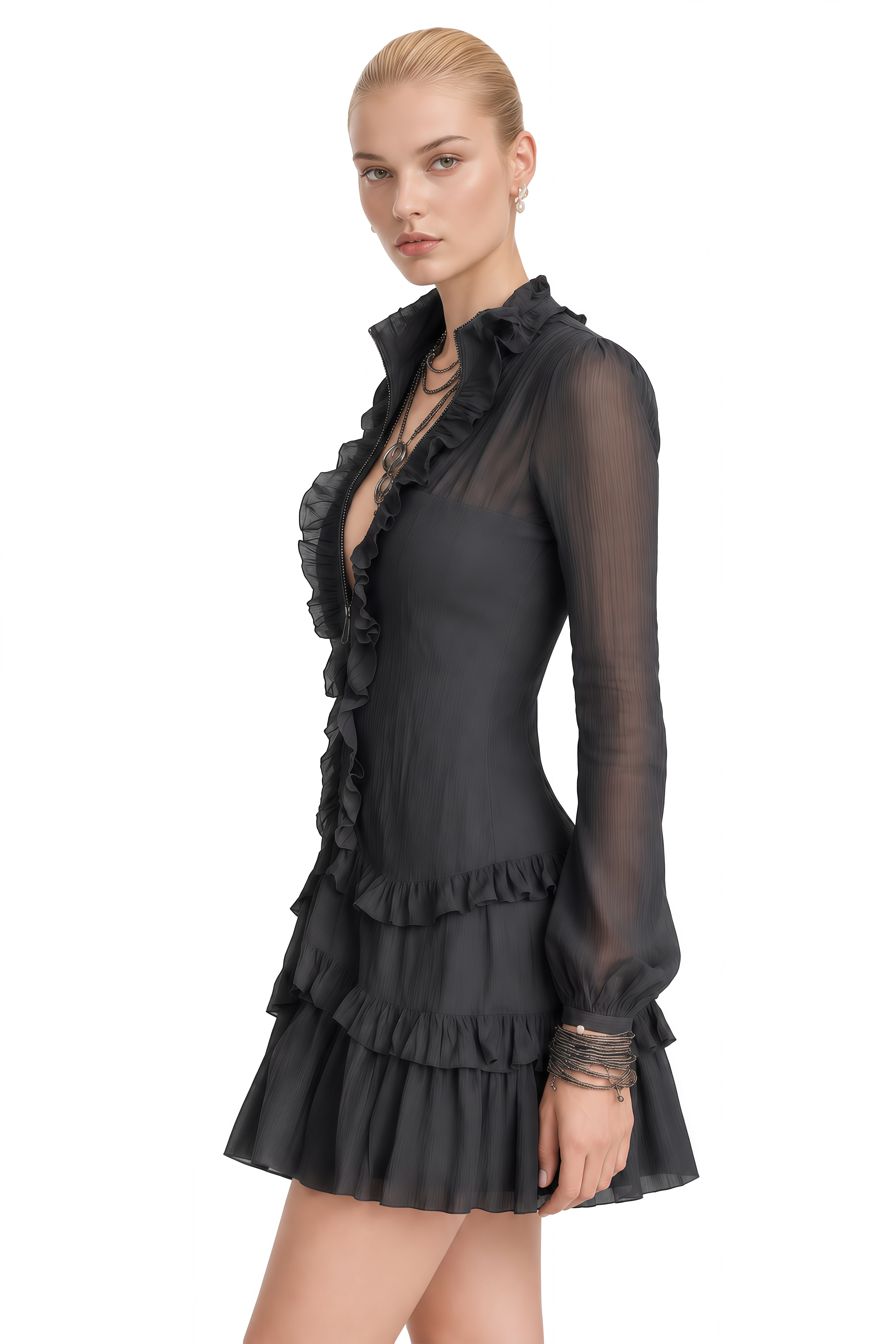 Lyra Black Ruffled Long Sleeves Mini Dress