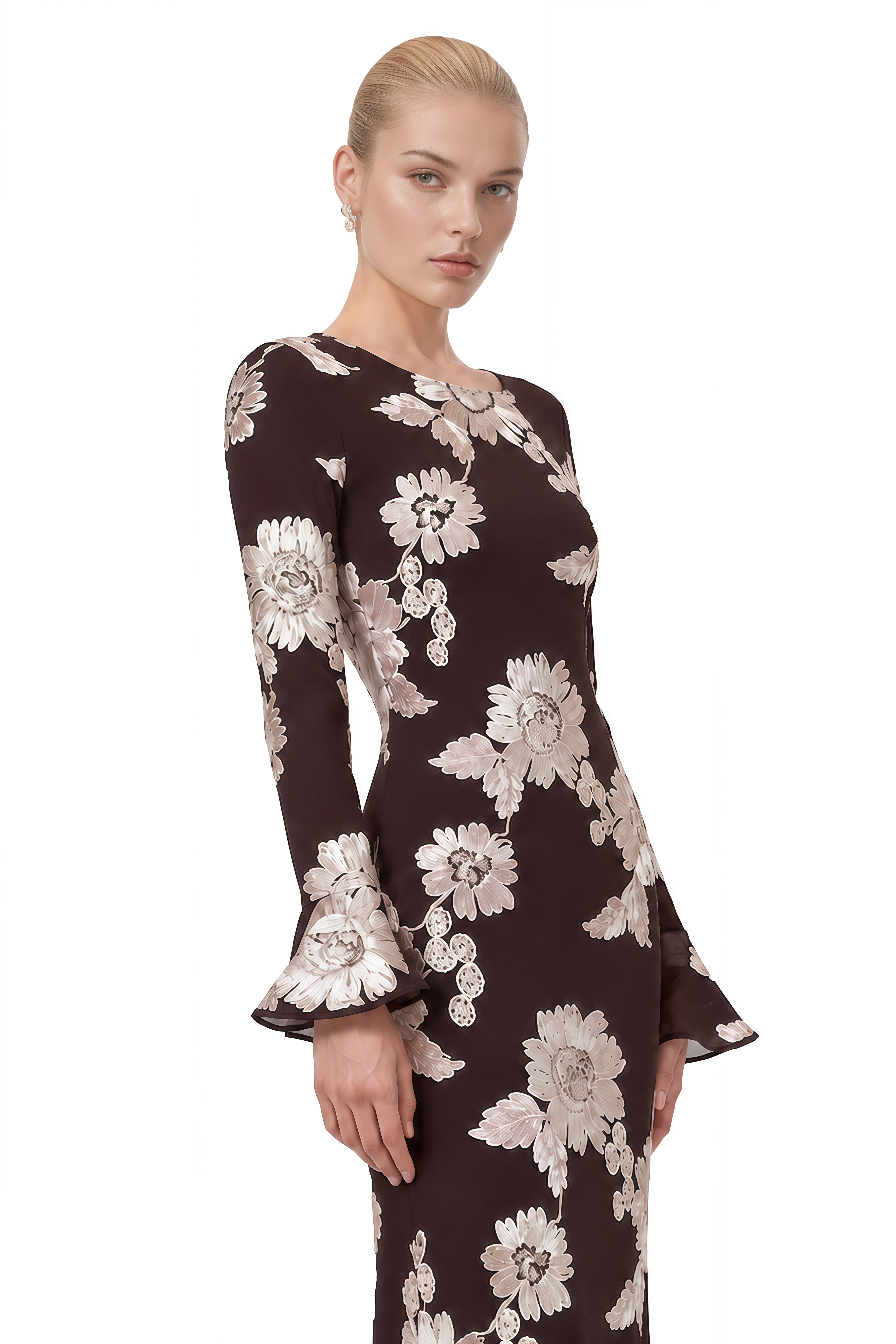 Nerissa Brown Round Neck Floral Maxi Dress