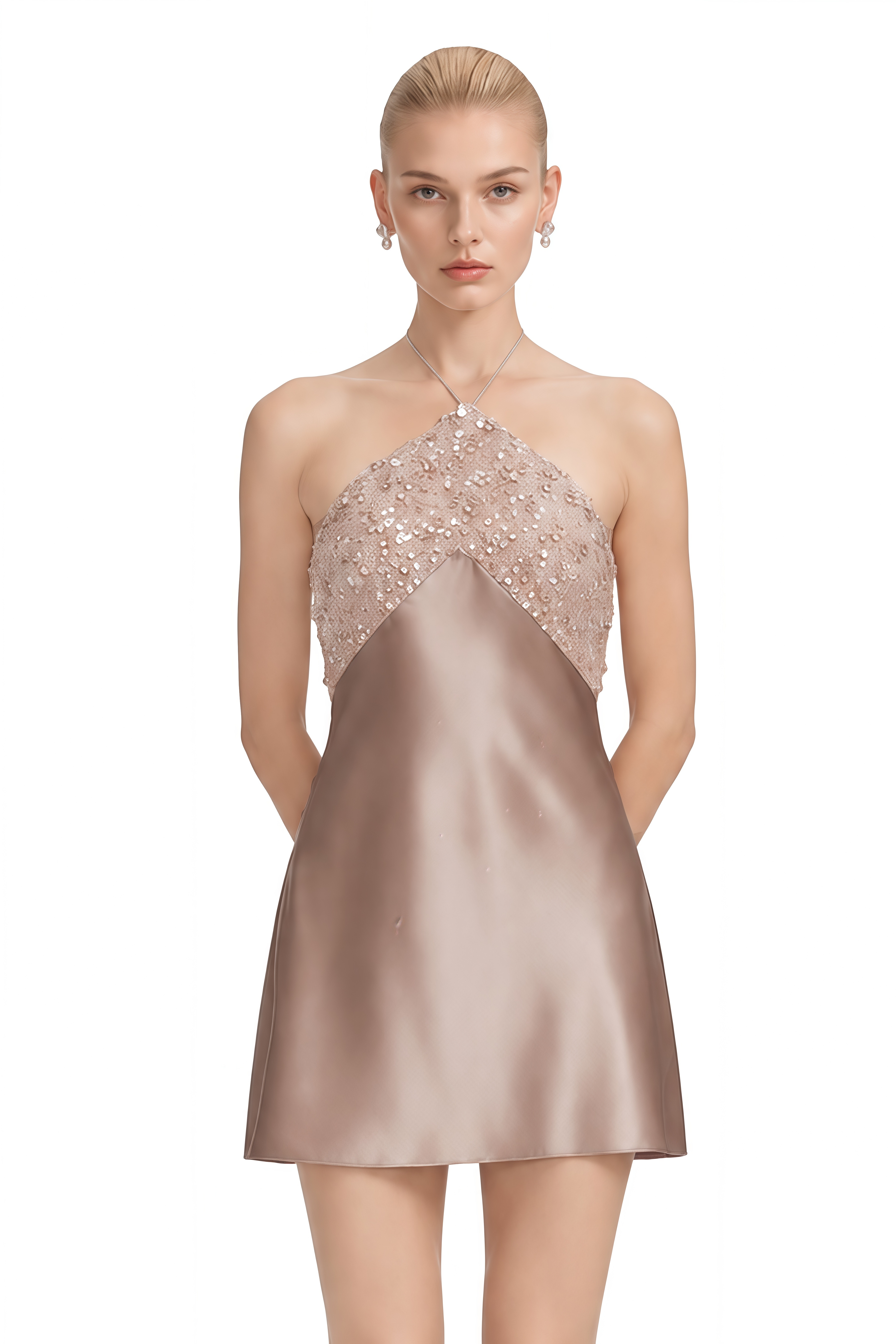 Rosamund Champagne Halterneck Sequined Mini Dress