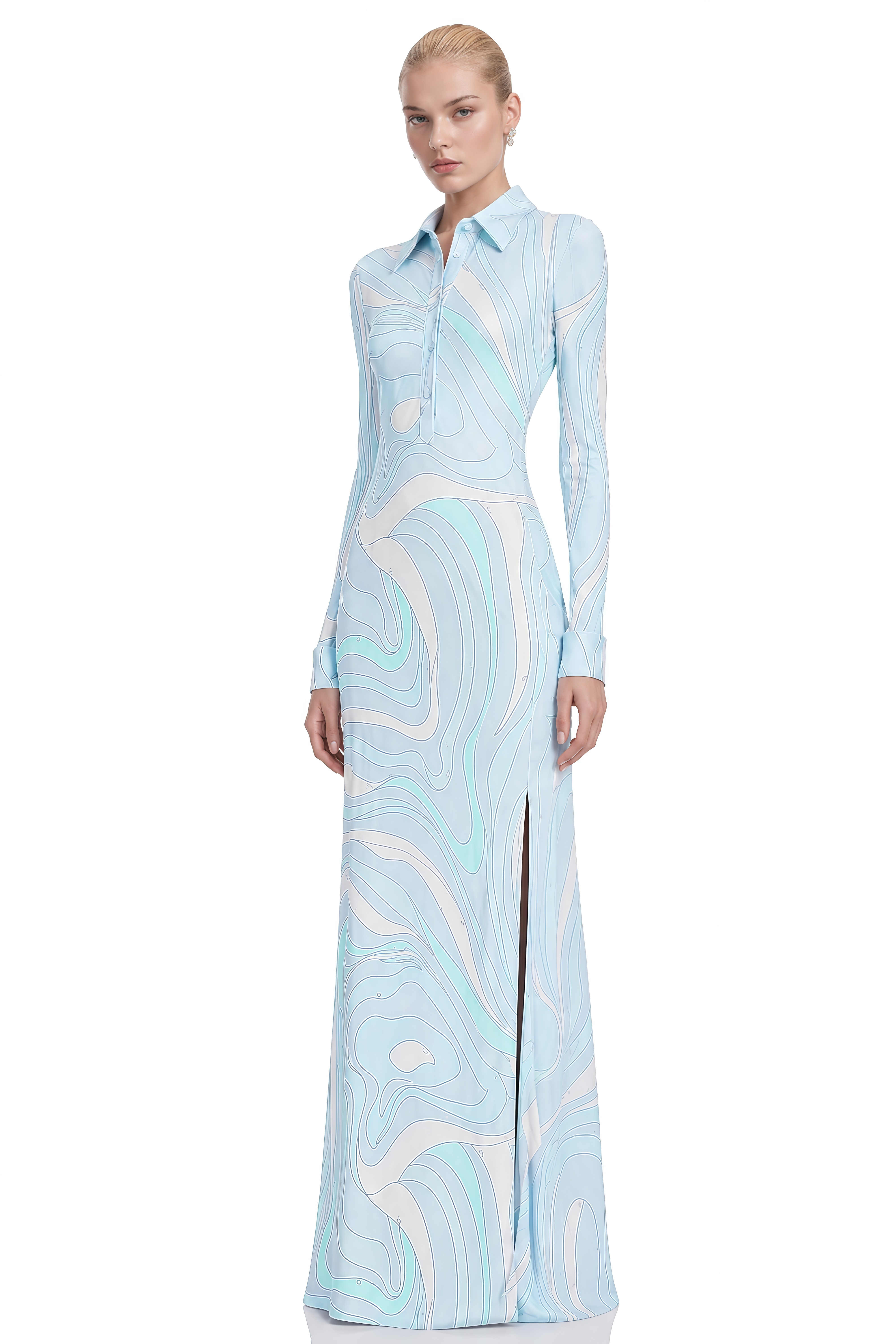 Linnea Light Blue Abstract Print Slit Maxi Dress