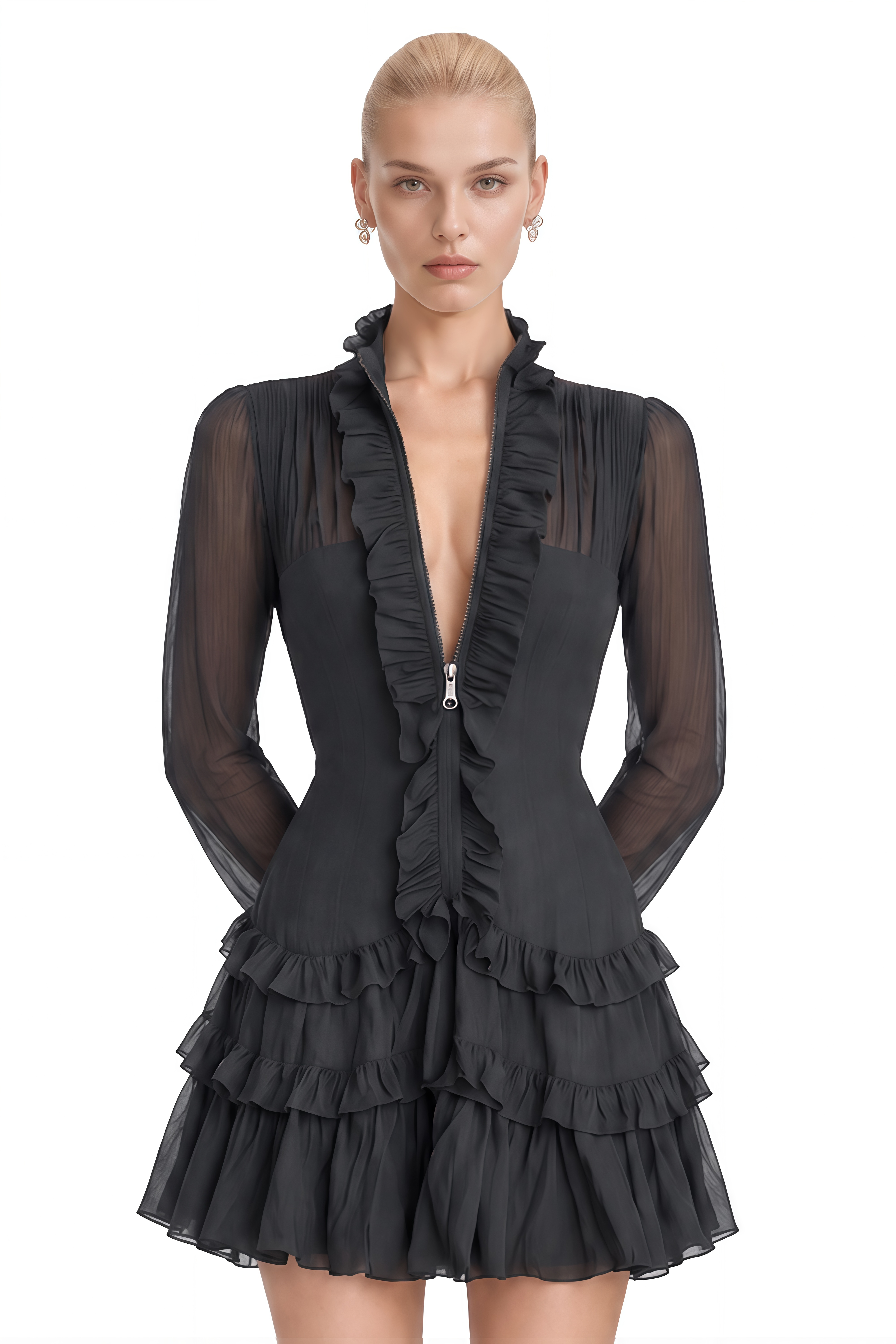 Lyra Black Ruffled Long Sleeves Mini Dress