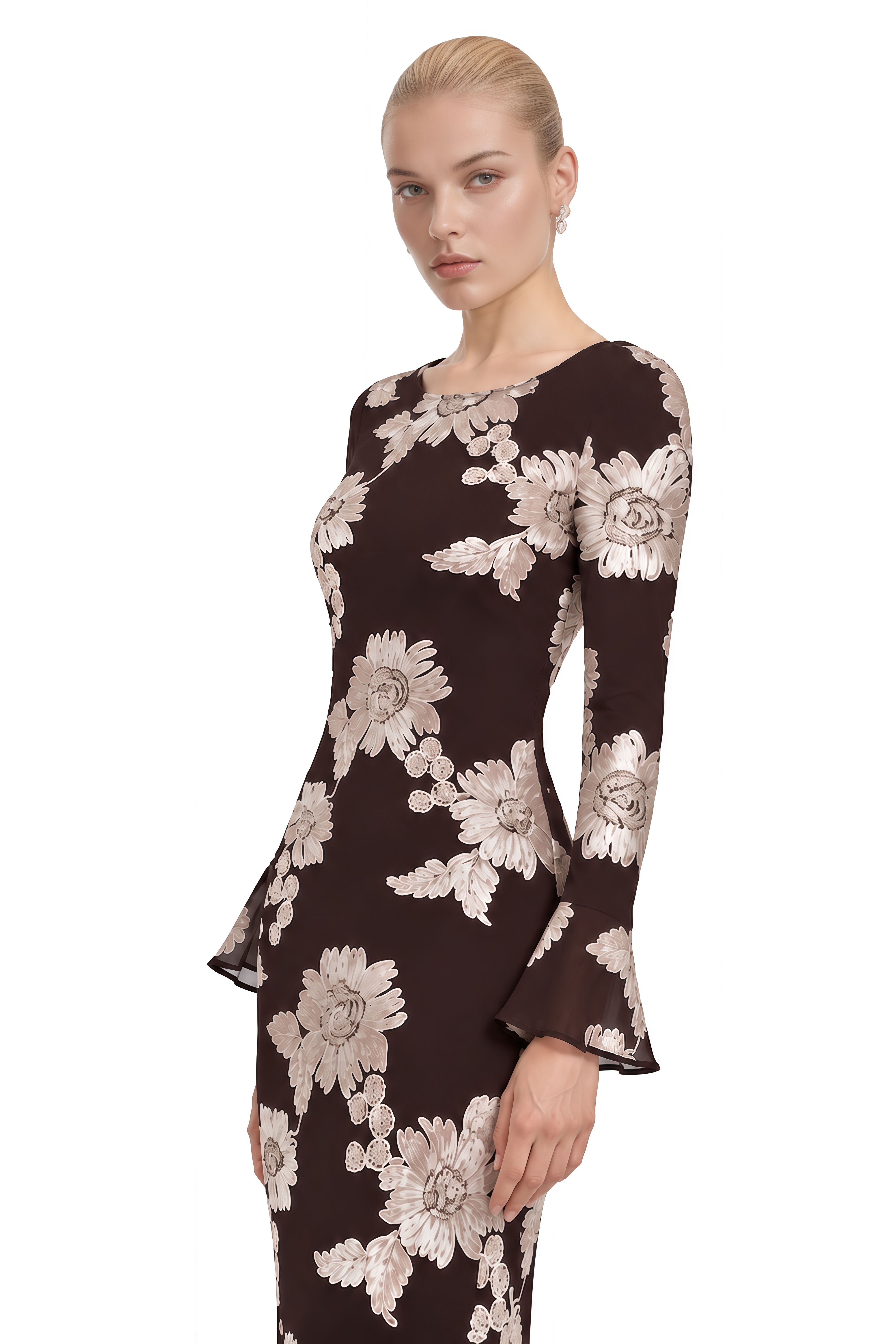 Nerissa Brown Round Neck Floral Maxi Dress