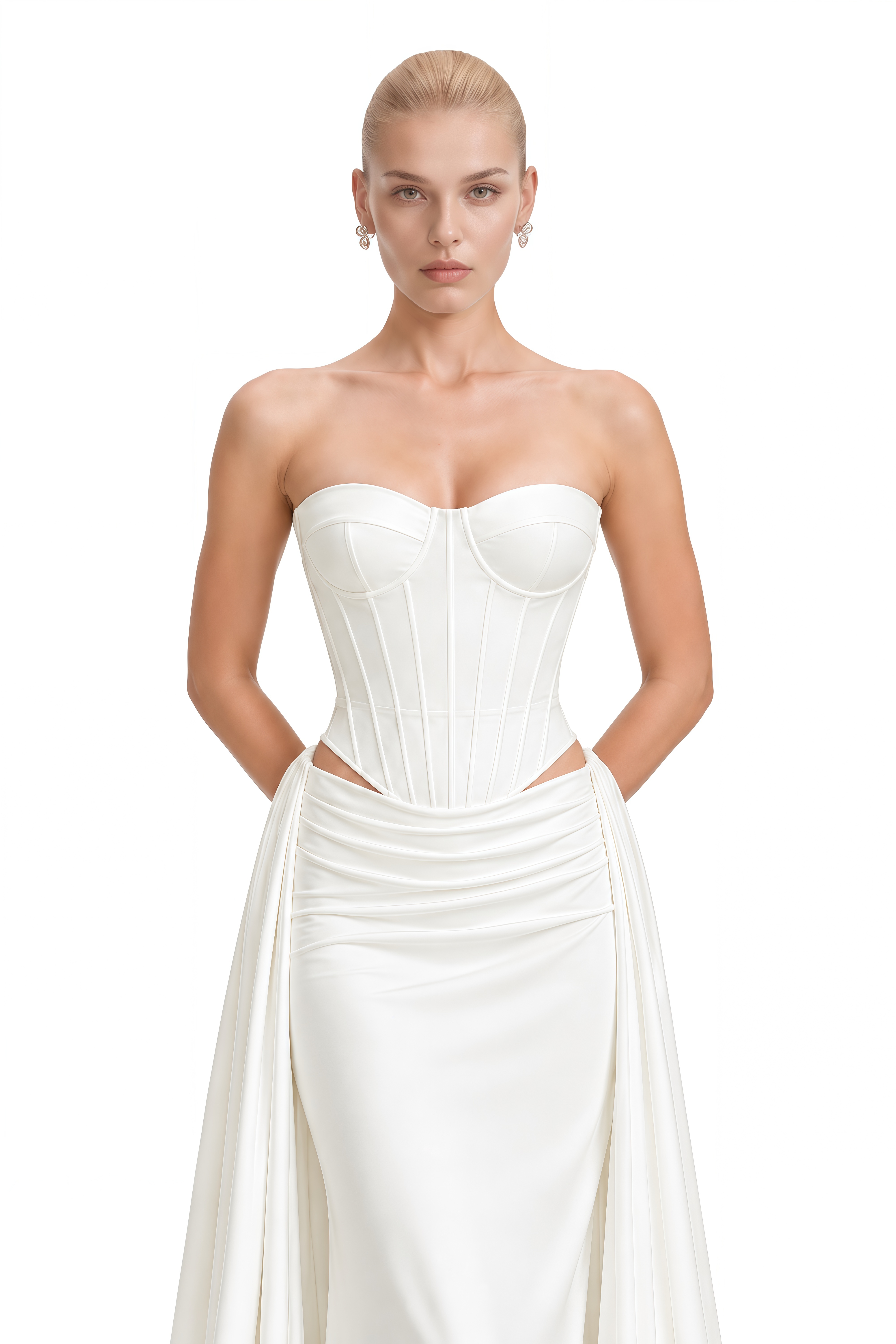 Sage White Strapless Draped Top & Skirt Set