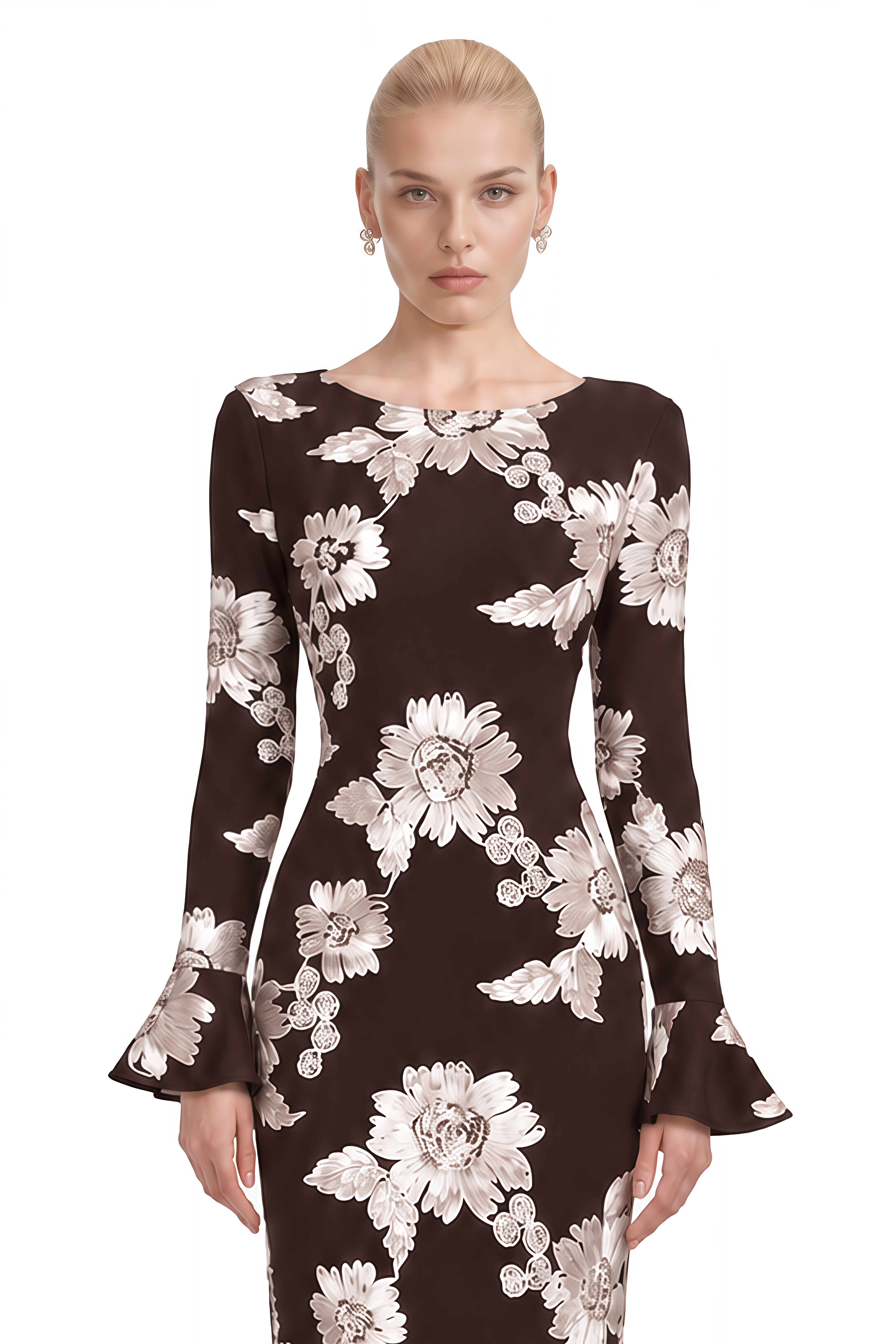 Nerissa Brown Round Neck Floral Maxi Dress