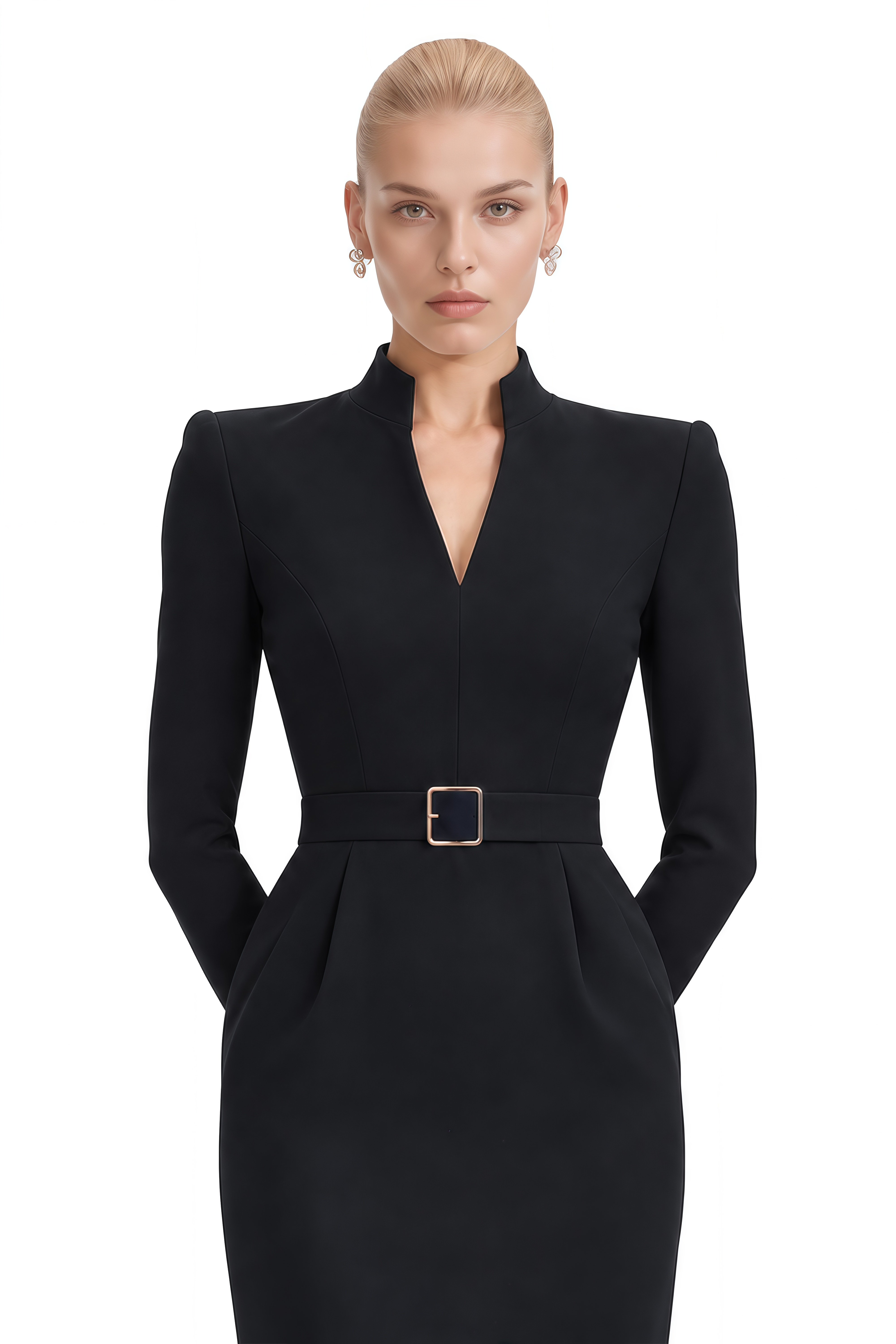 Alexander Black Long Sleeves Belted Midi Dress