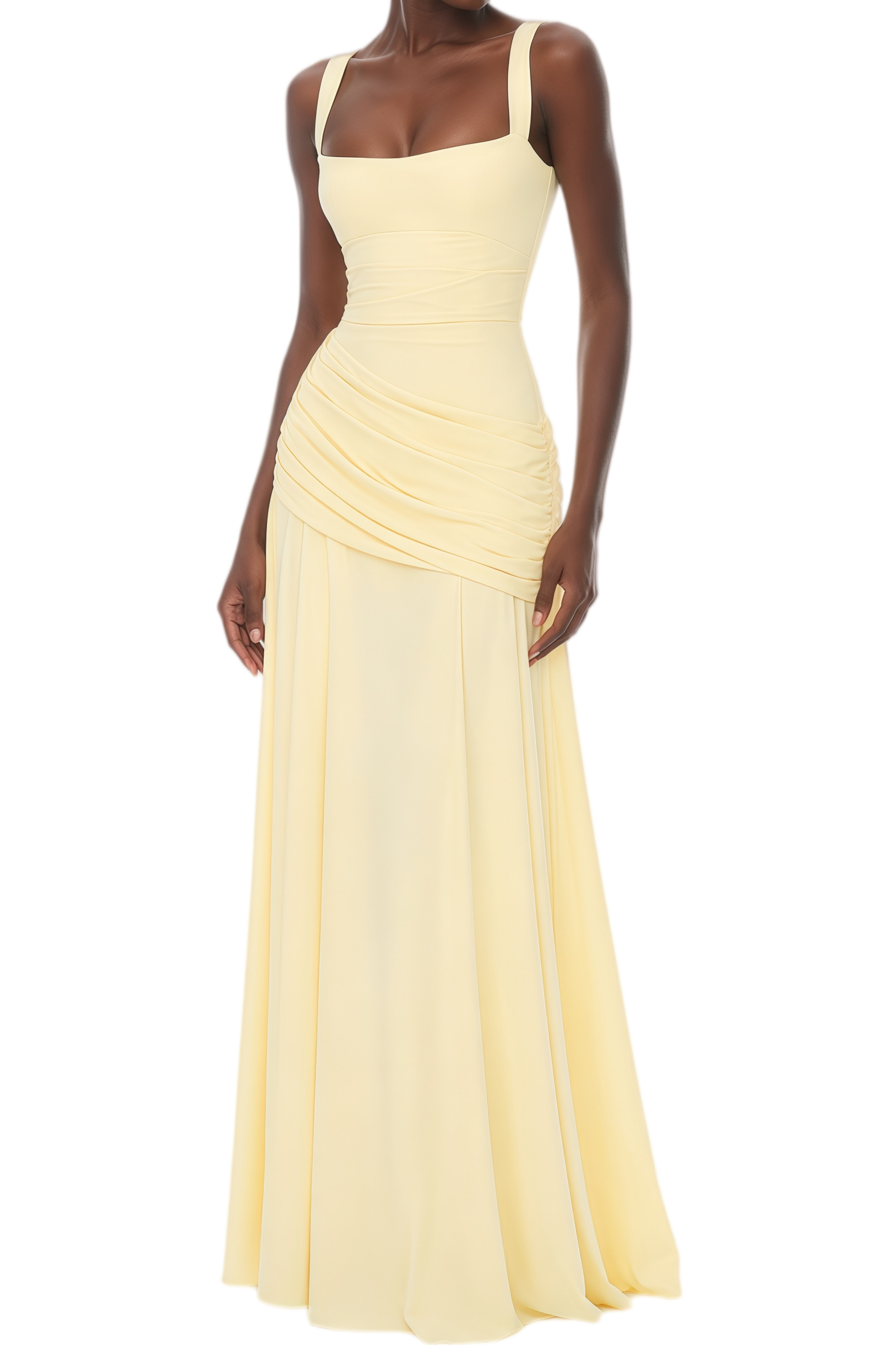Althea Yellow Lace-Up Back Ruched Maxi Dress