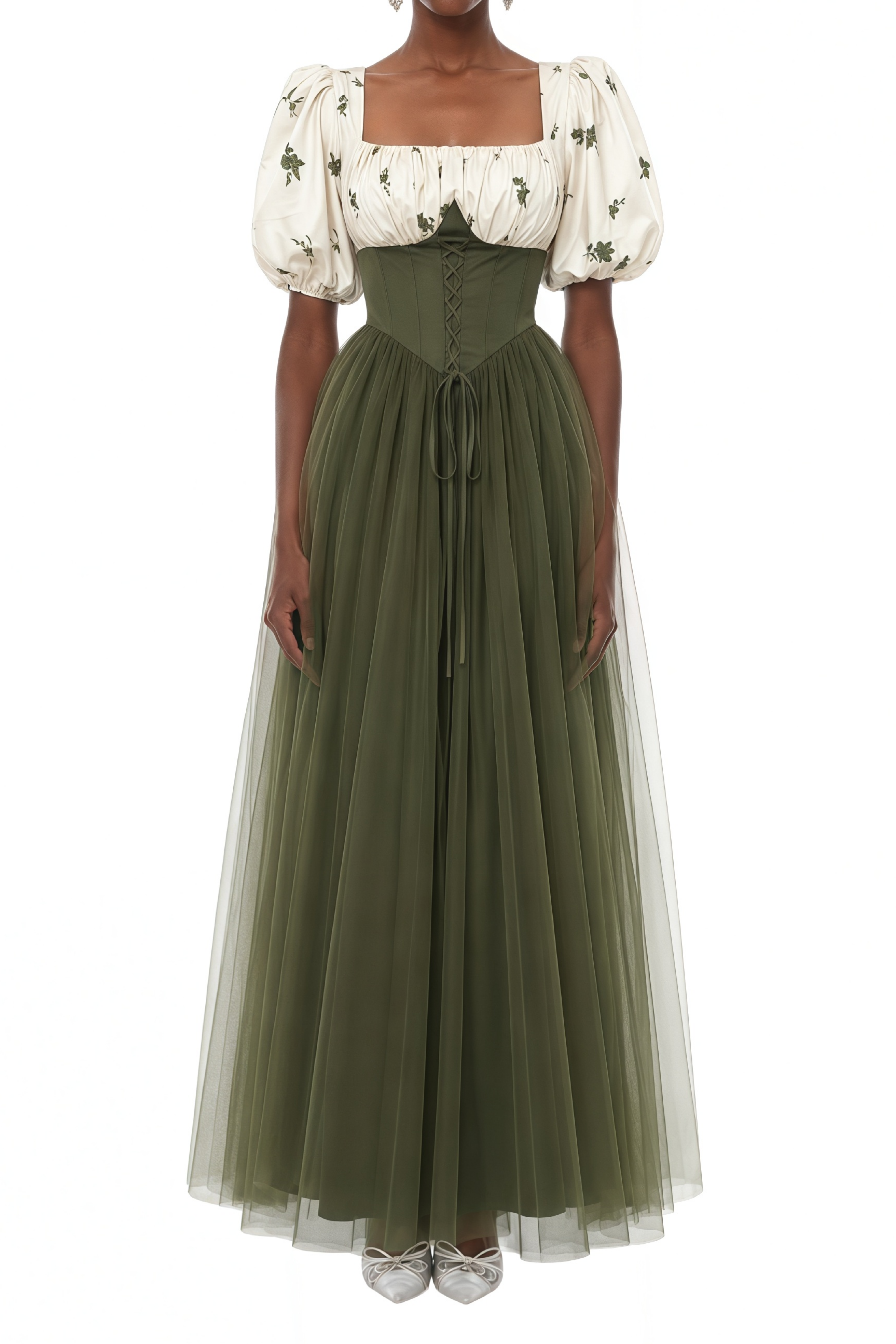 Celine Olive Green Mesh Ruffled Midi Dress