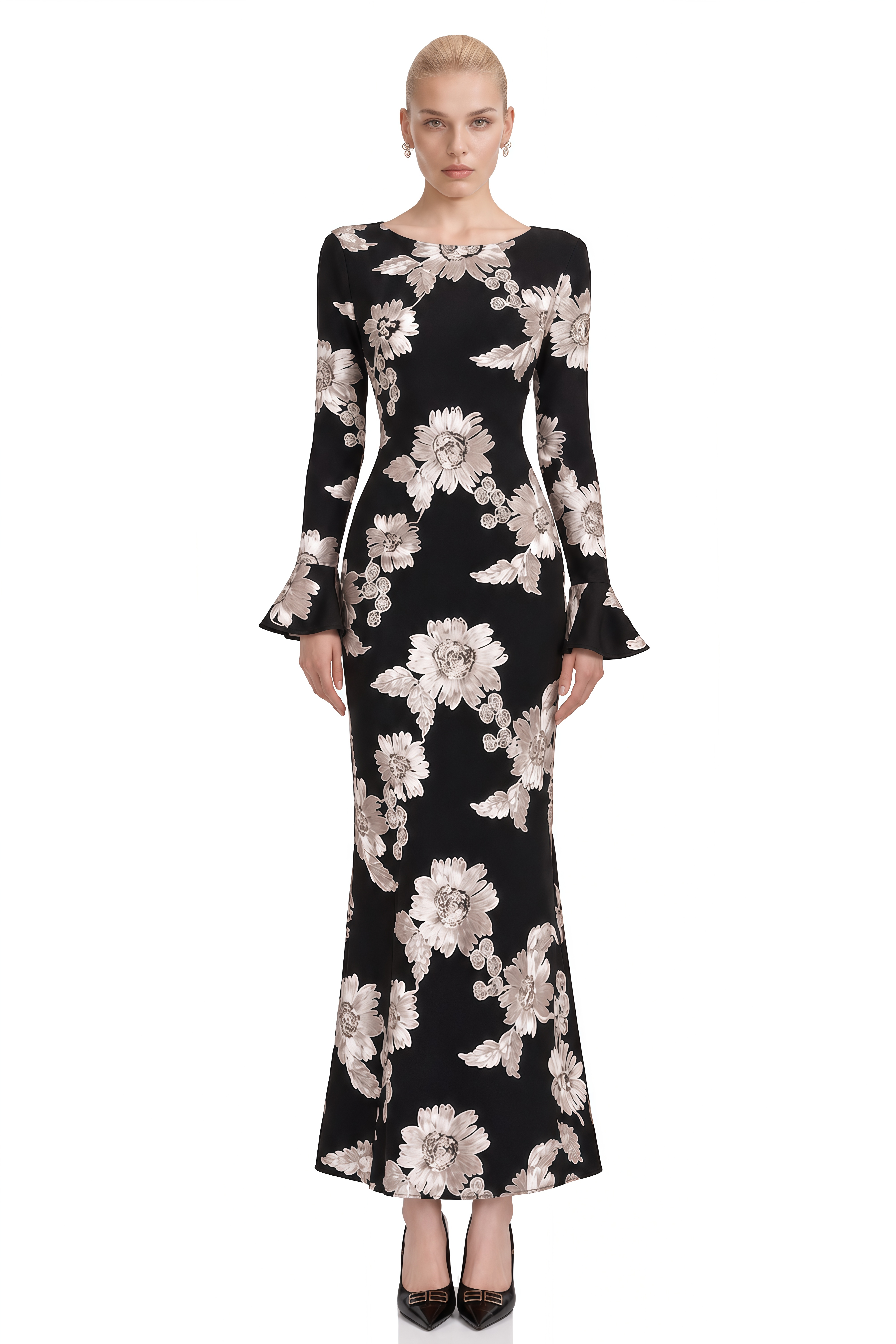 Nerissa Black Round Neck Floral Maxi Dress