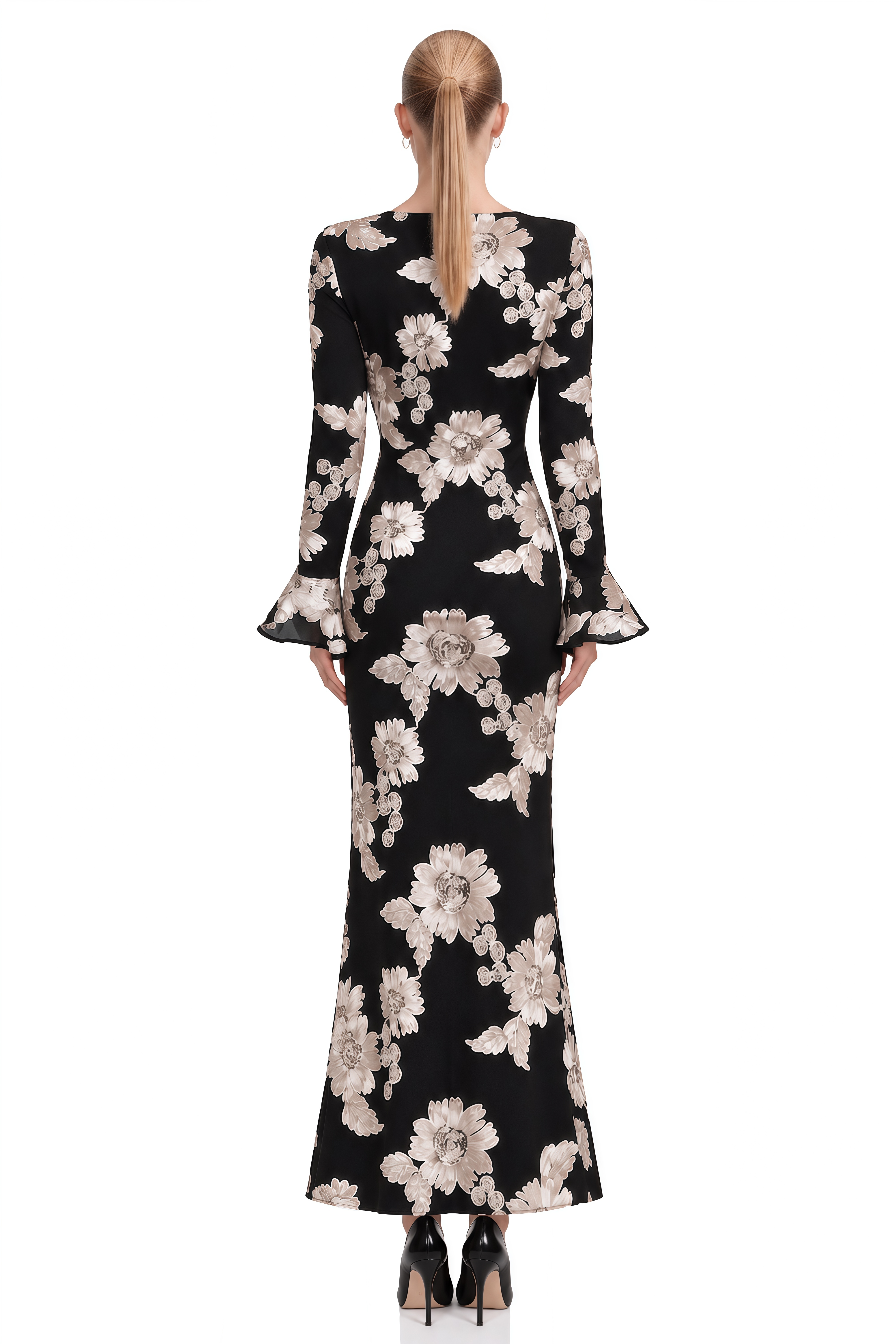 Nerissa Black Round Neck Floral Maxi Dress