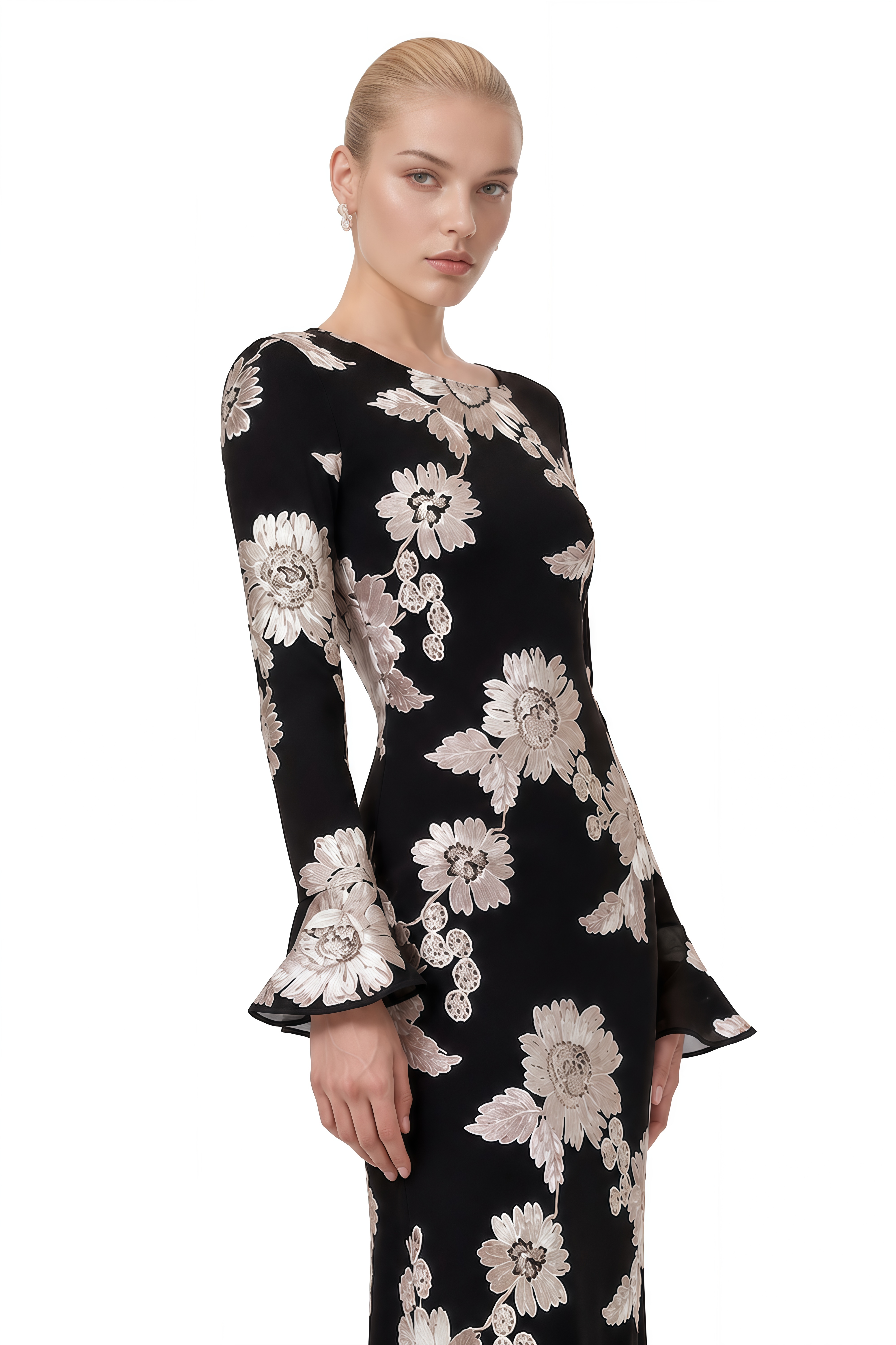 Nerissa Black Round Neck Floral Maxi Dress