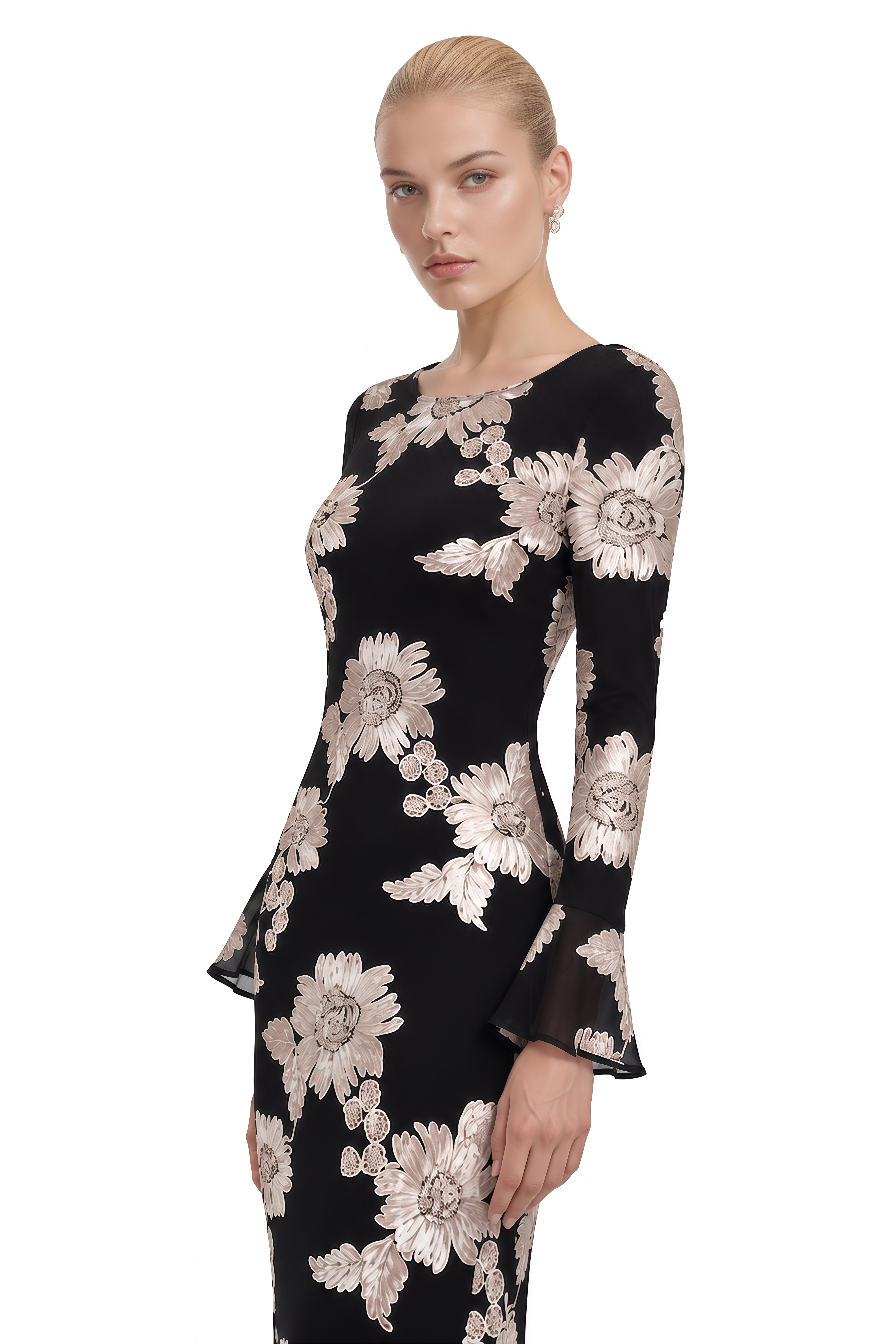 Nerissa Black Round Neck Floral Maxi Dress