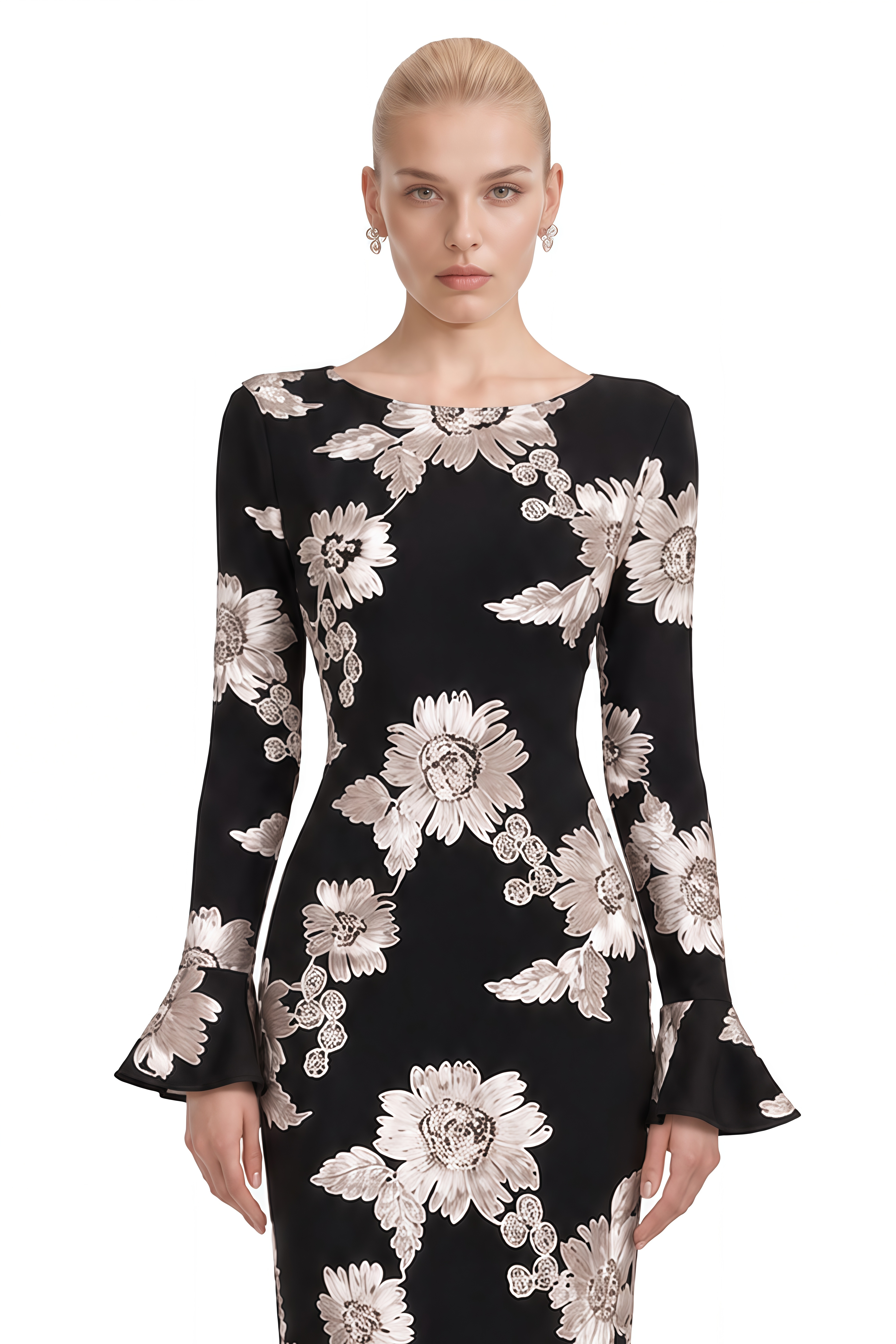 Nerissa Black Round Neck Floral Maxi Dress