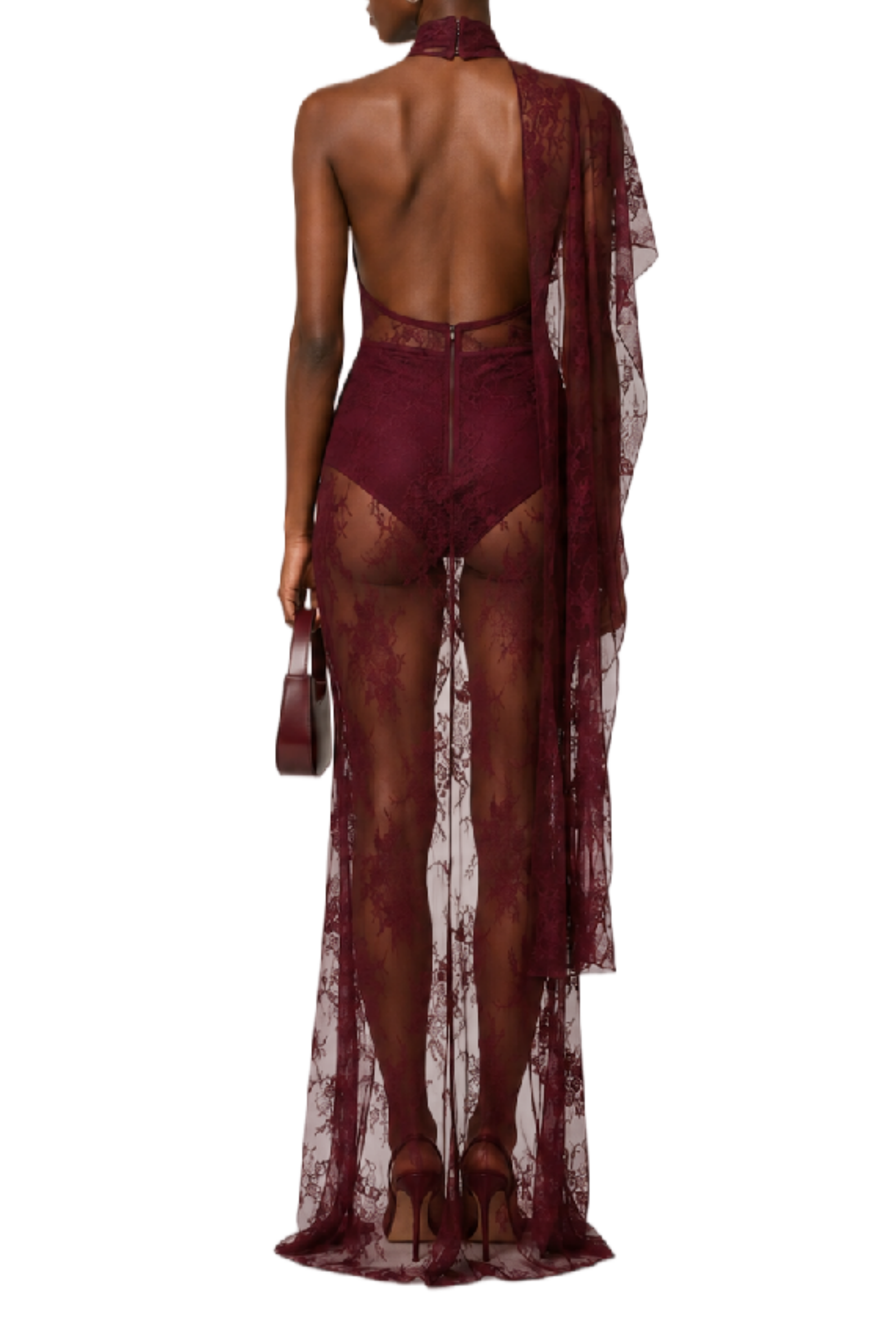 Eloise Burgundy Lace Asymmetrical Maxi Dress