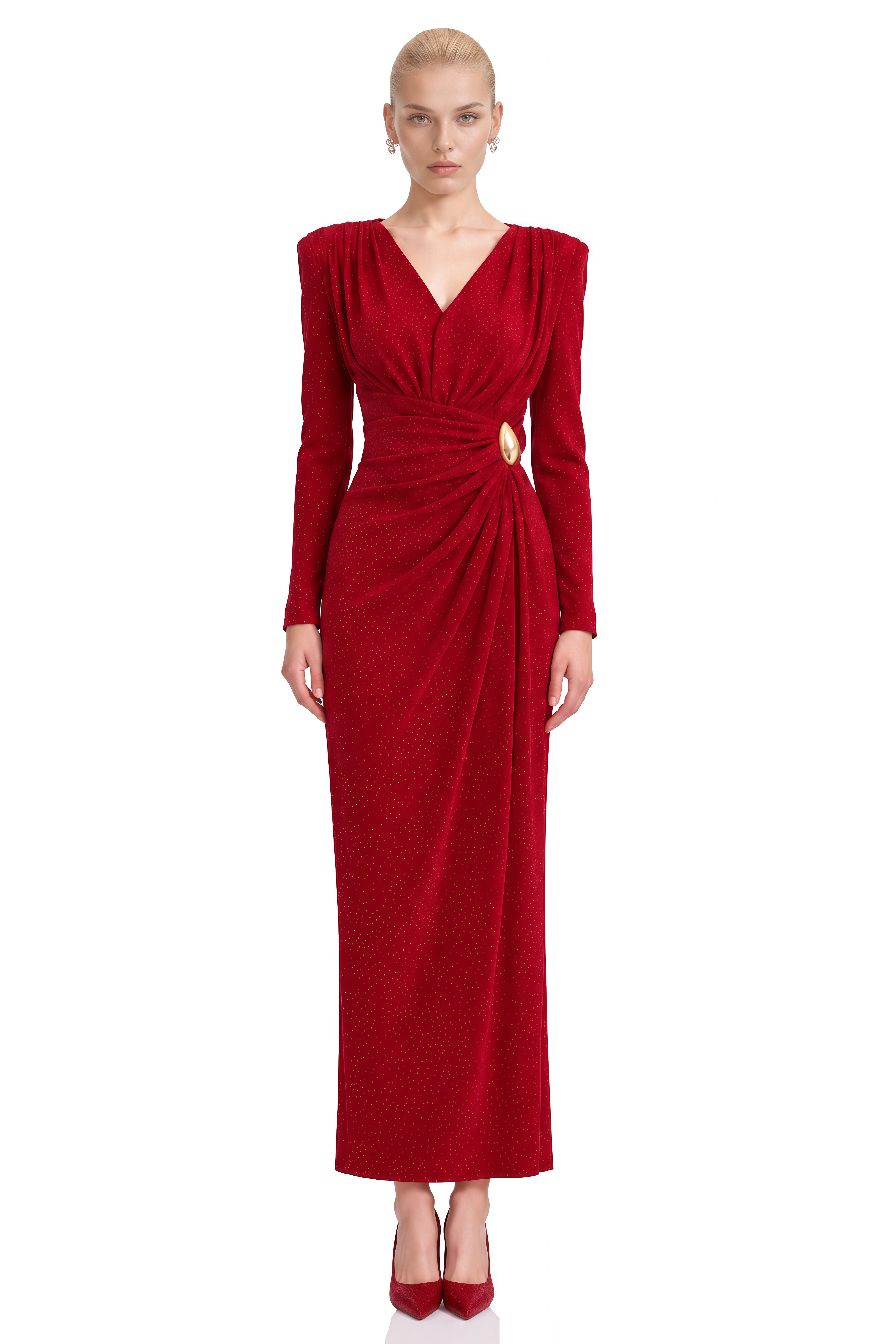 Odette Red Long Sleeves Slit Maxi Dress