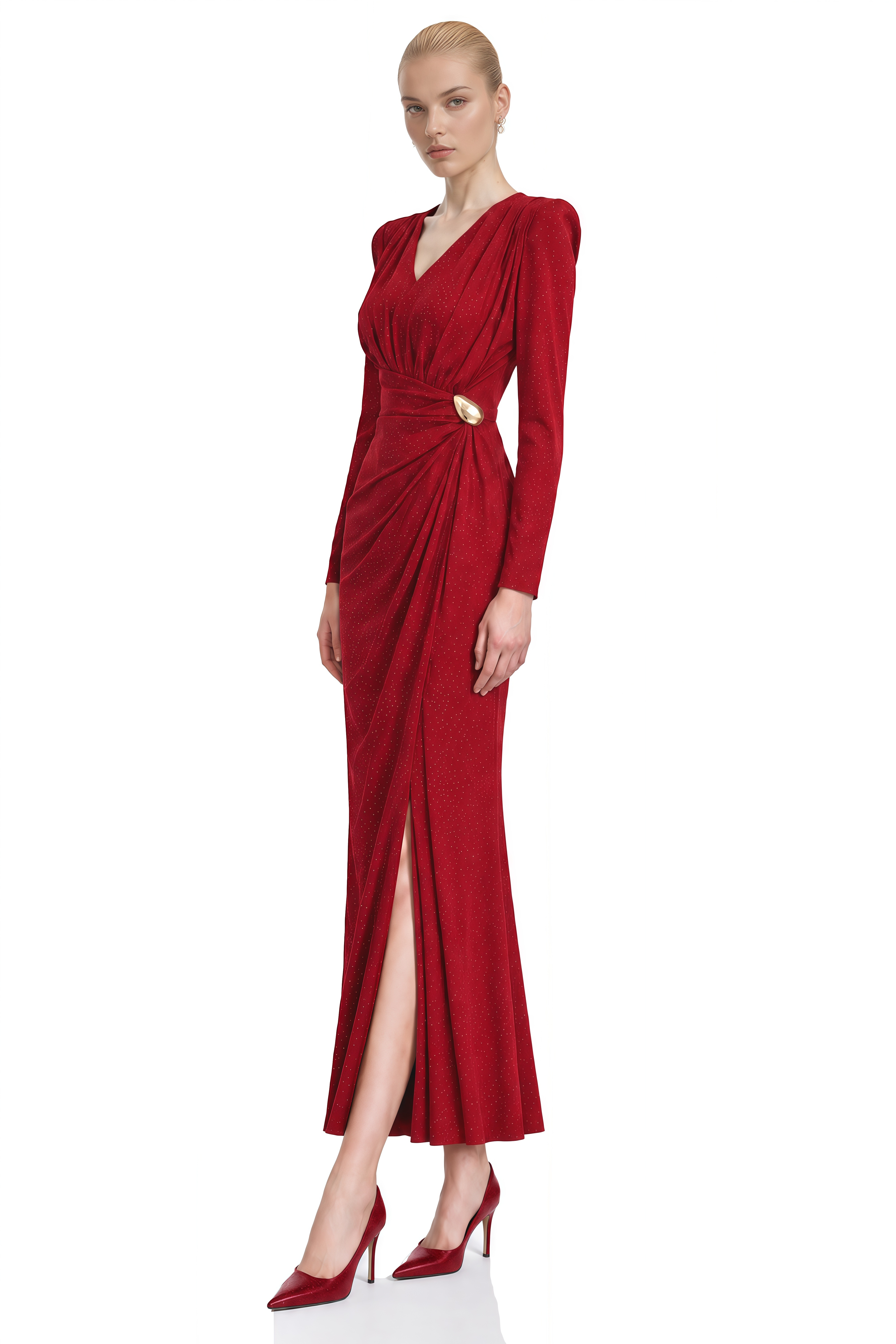 Odette Red Long Sleeves Slit Maxi Dress