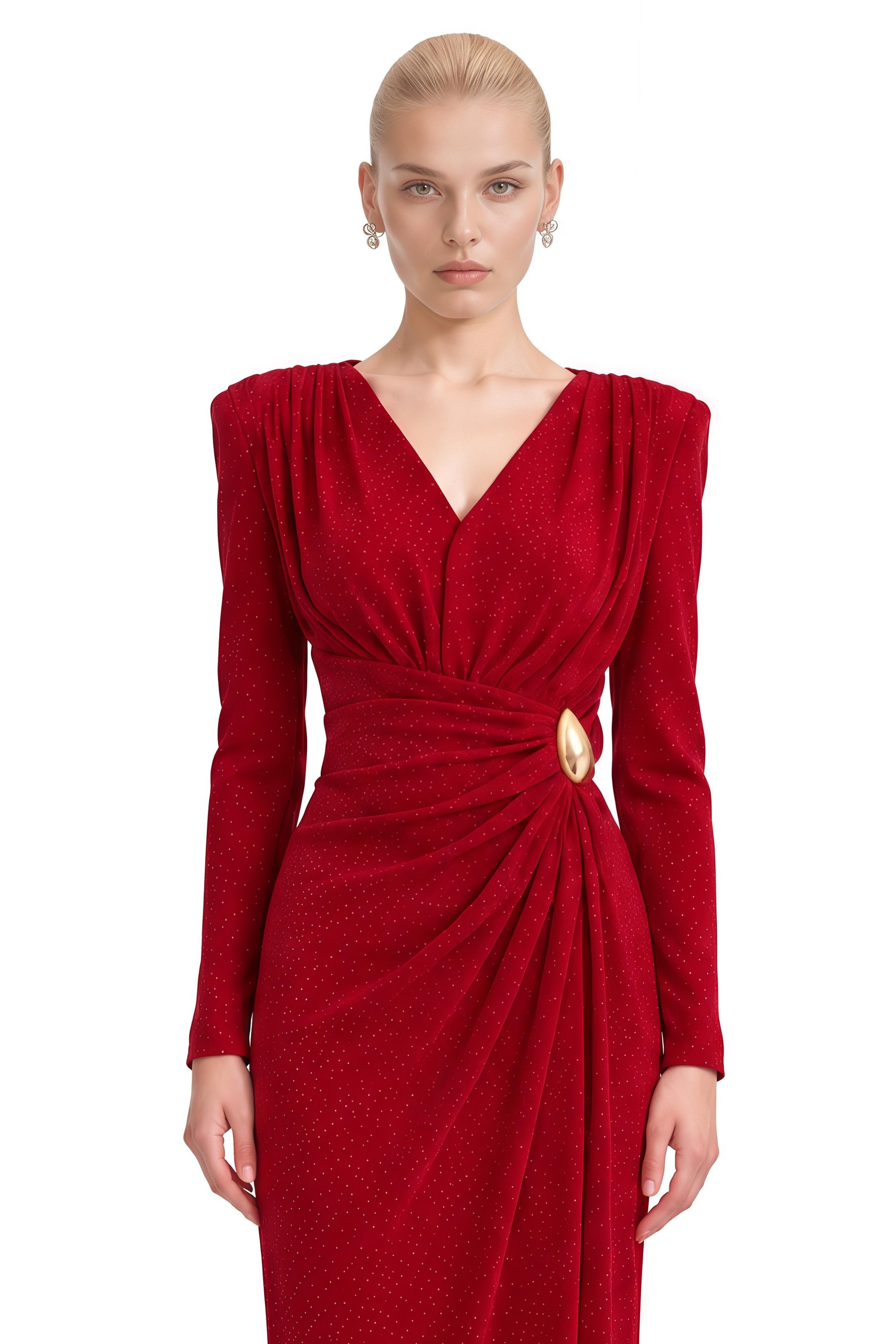 Odette Red Long Sleeves Slit Maxi Dress