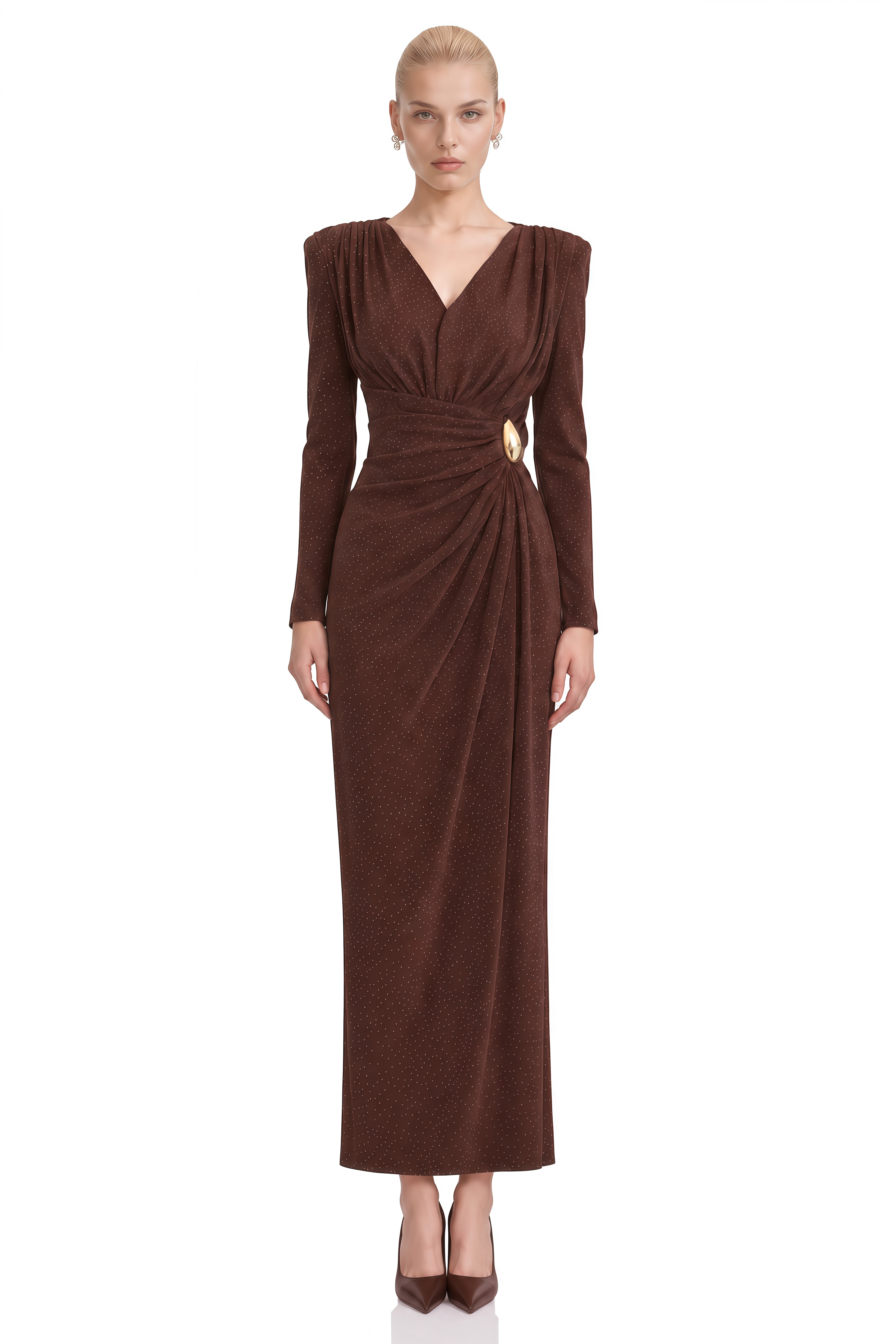 Odette Brown Long Sleeves Slit Maxi Dress