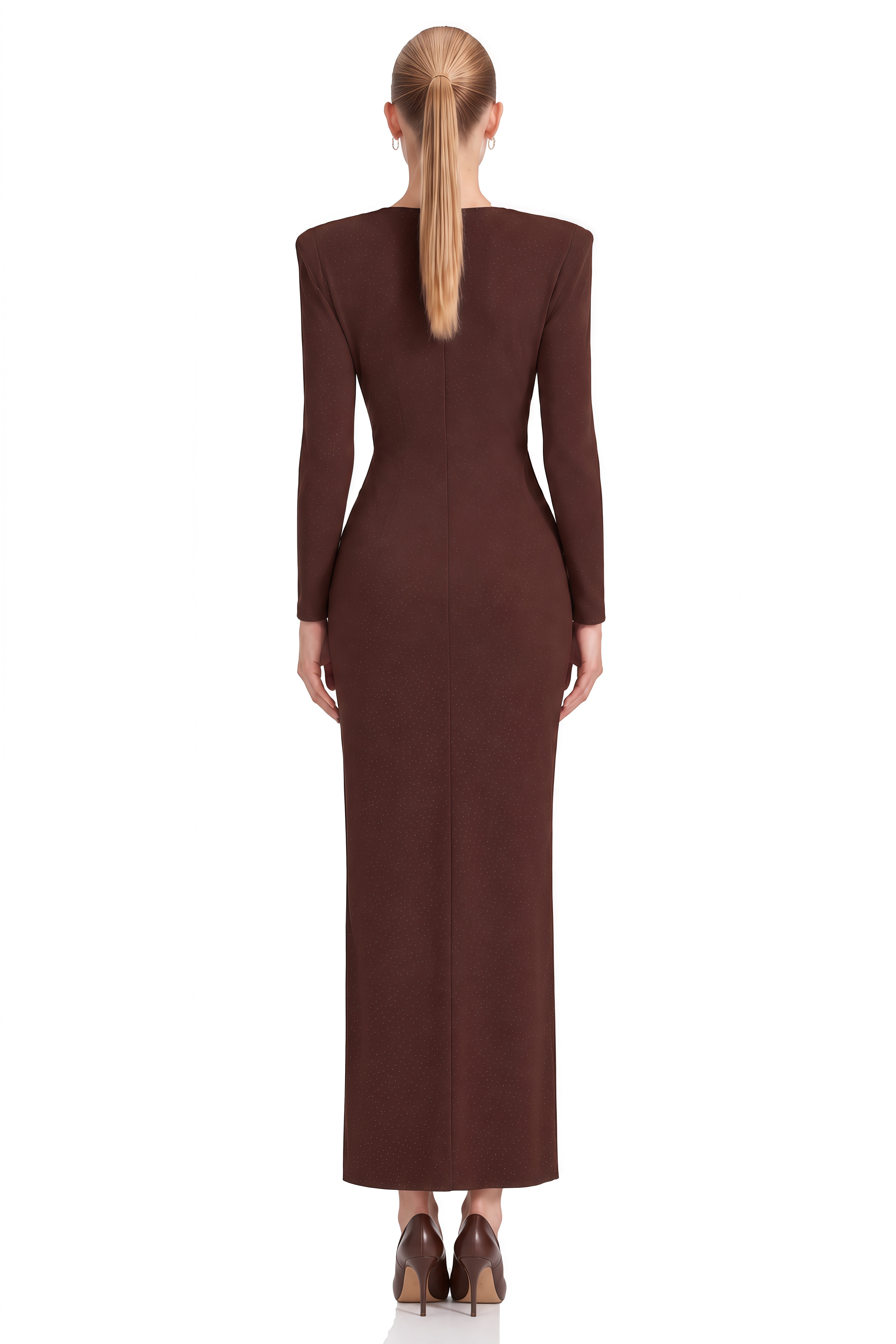 Odette Brown Long Sleeves Slit Maxi Dress