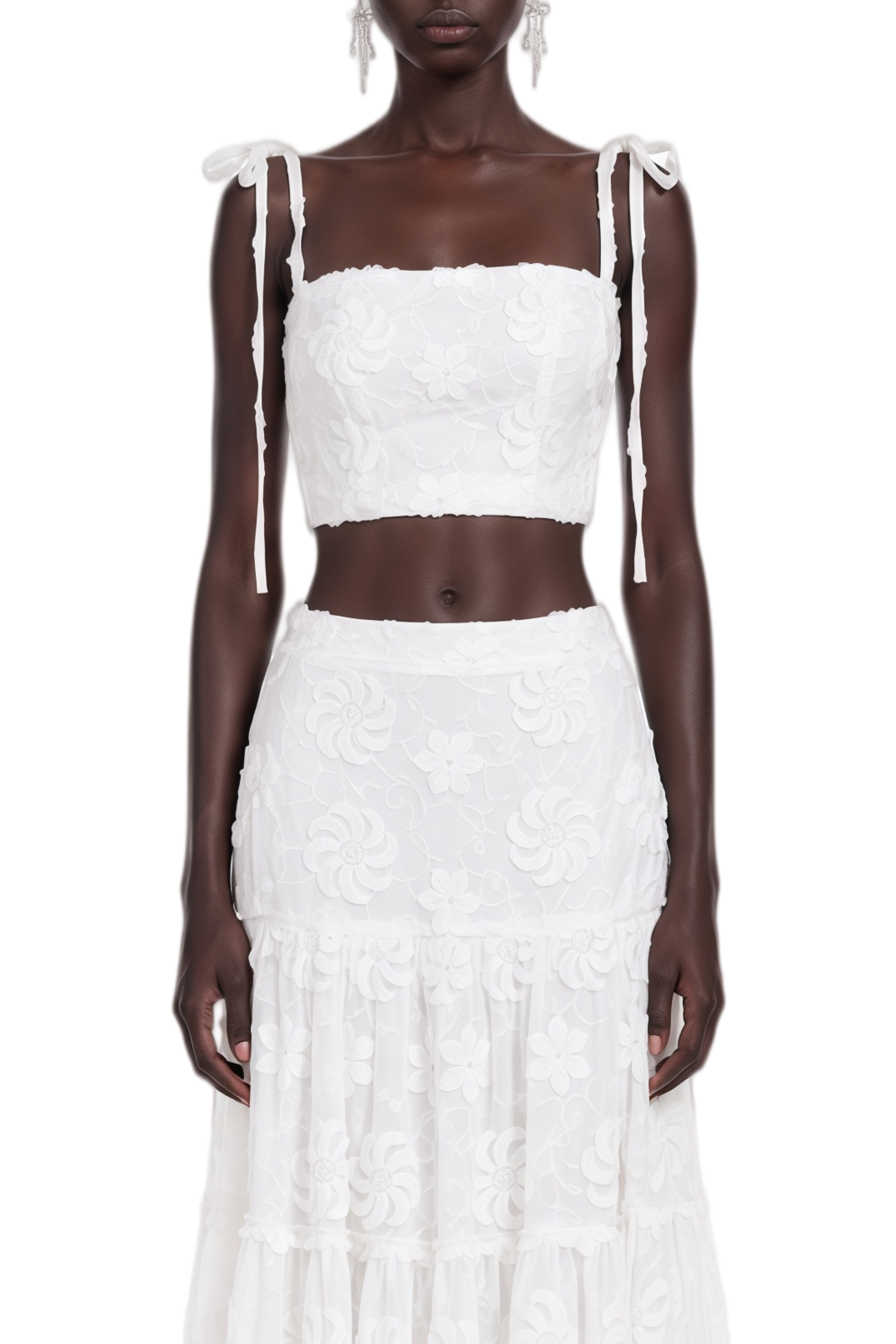 Eulalia White Sleeveless Embroidered Top & Skirt Set