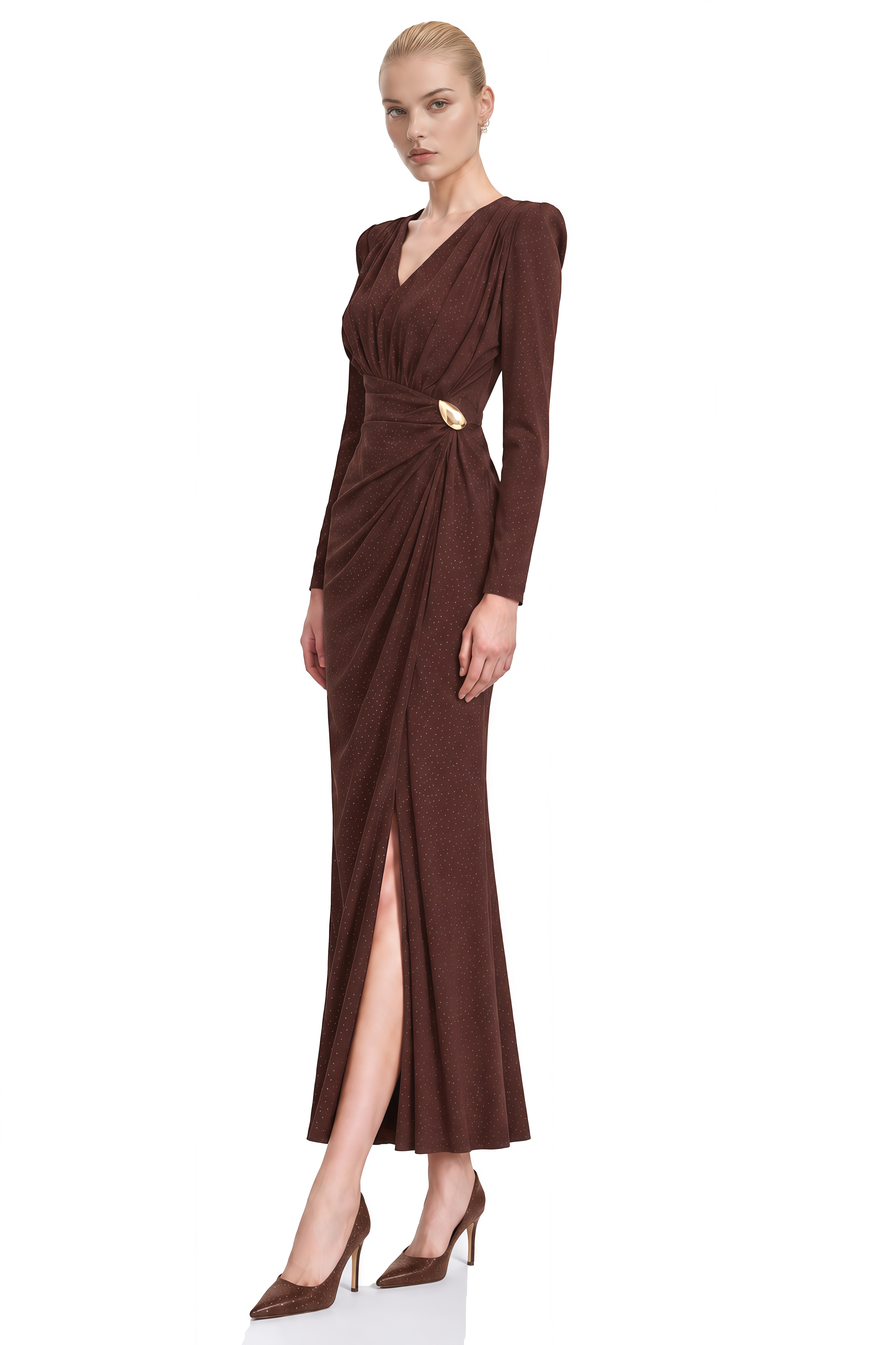 Odette Brown Long Sleeves Slit Maxi Dress