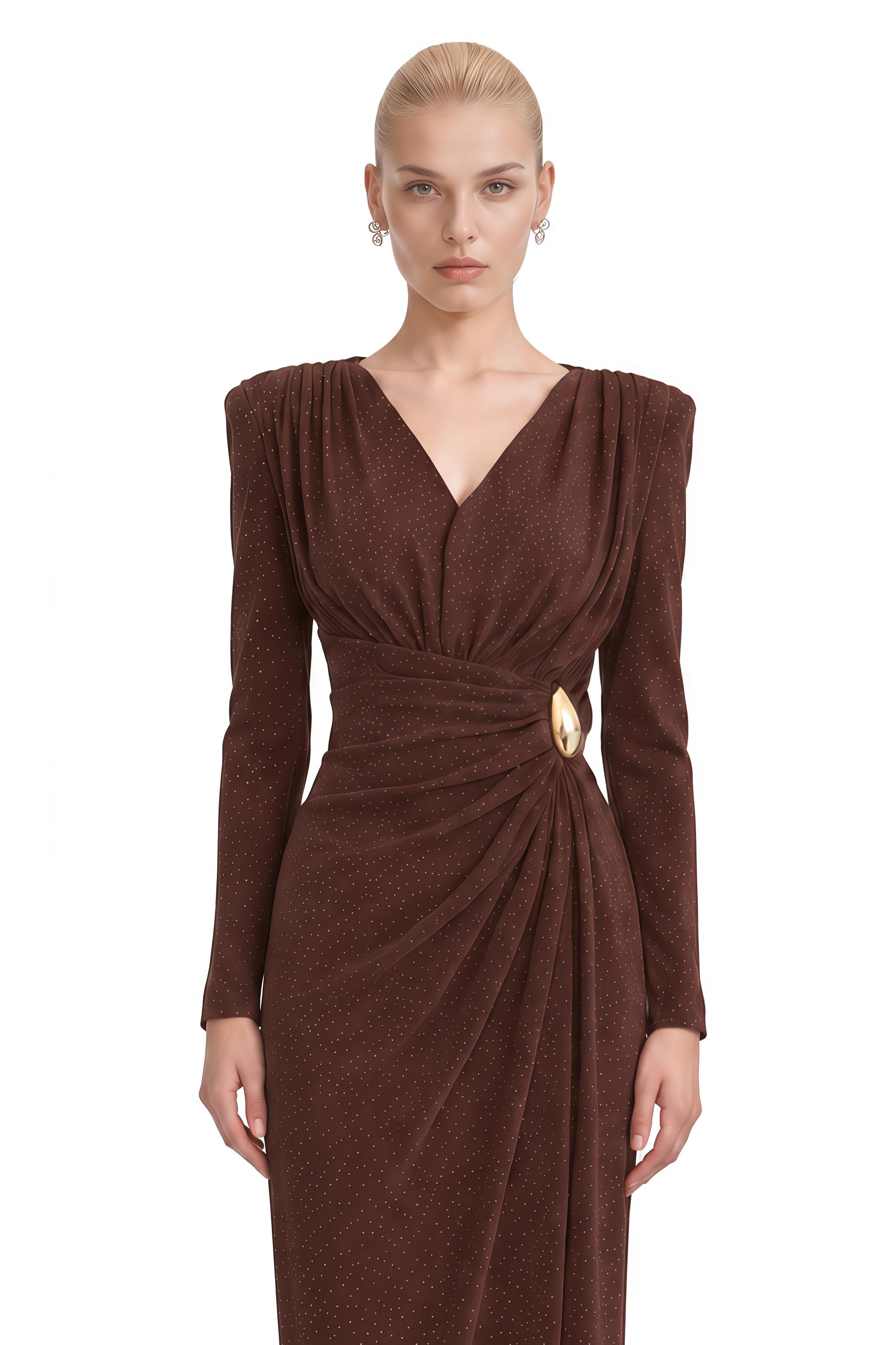 Odette Brown Long Sleeves Slit Maxi Dress