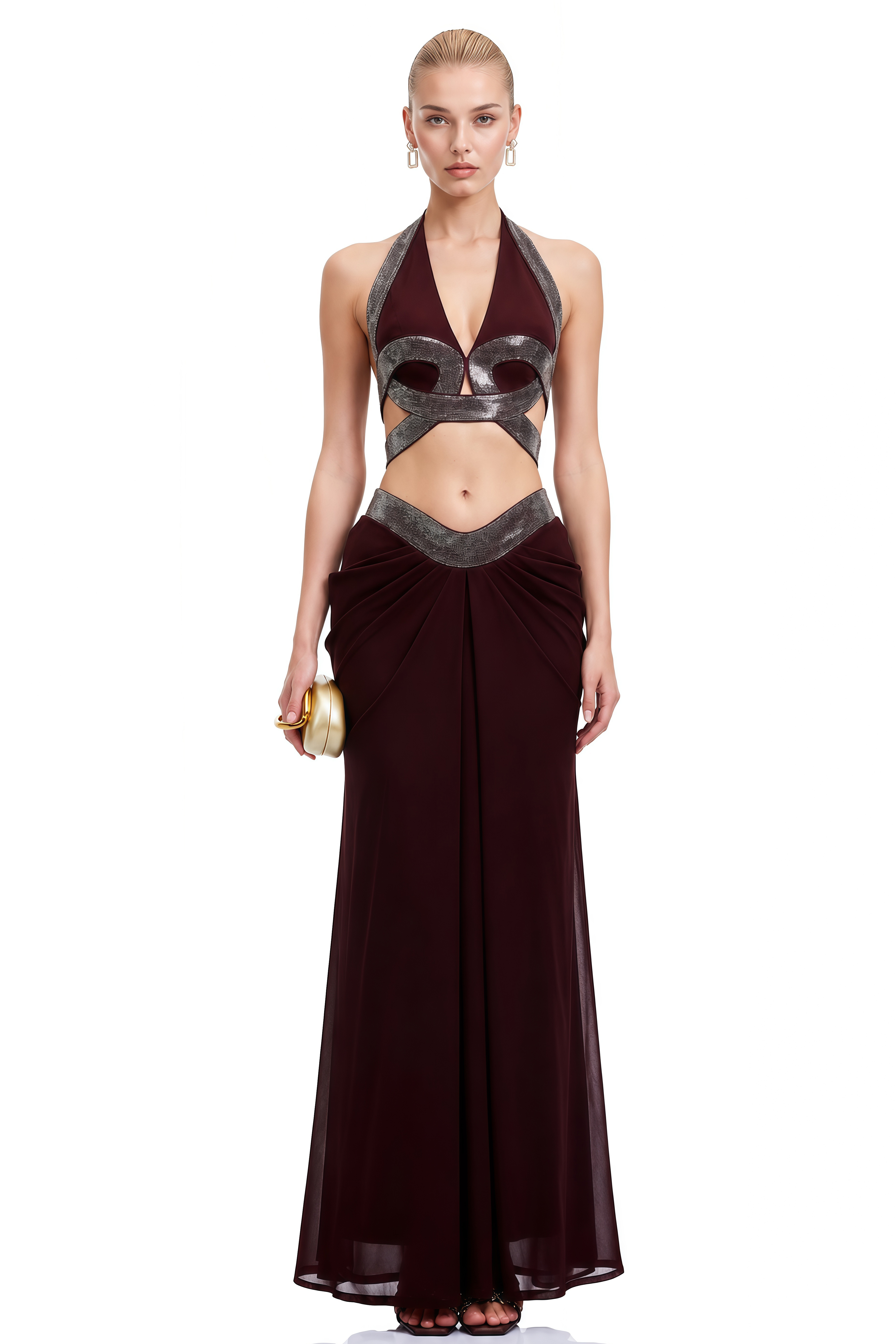 Althea Brown Halterneck Cut-Out Top & Skirt Set
