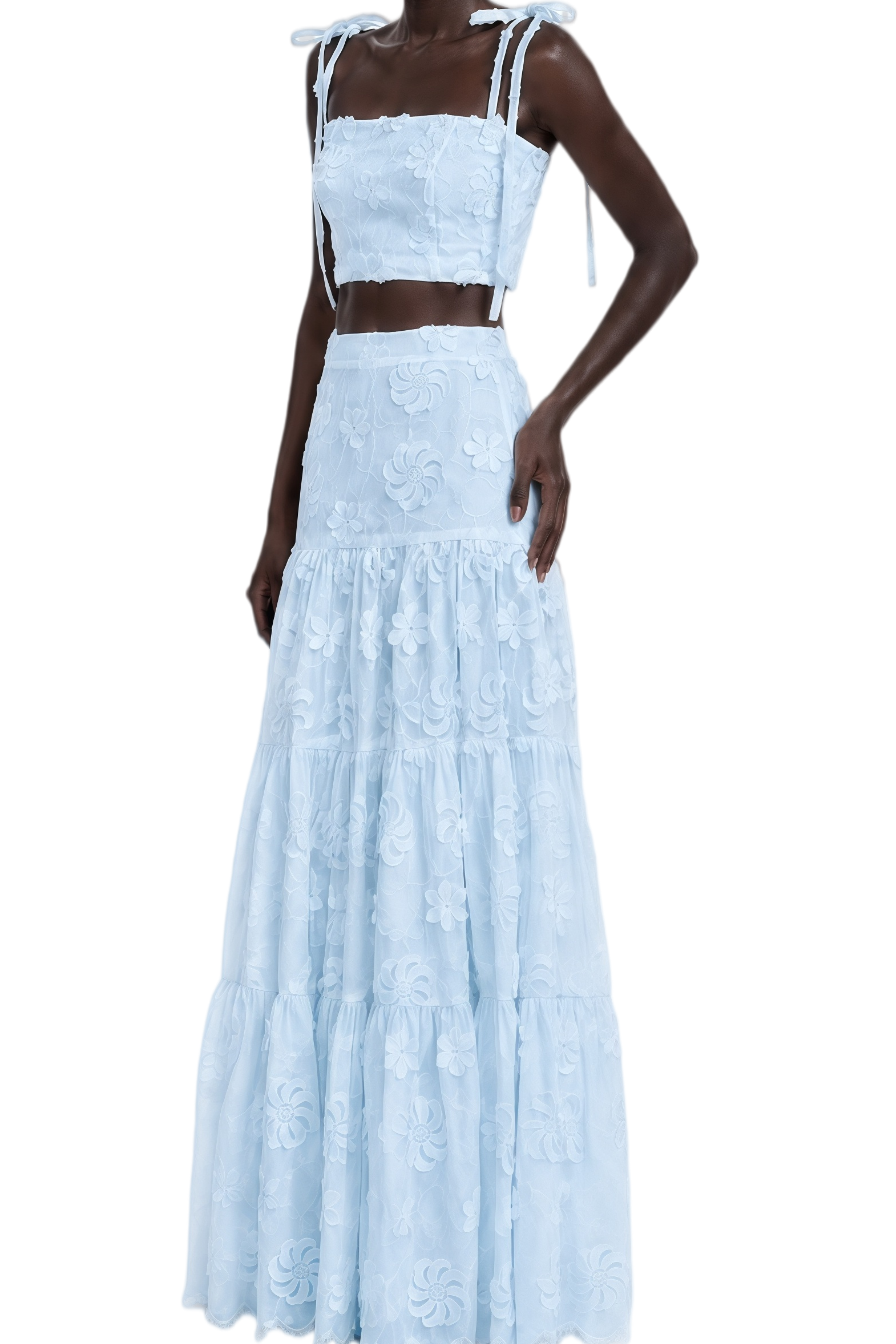 Eulalia Blue Sleeveless Embroidered Top & Skirt Set